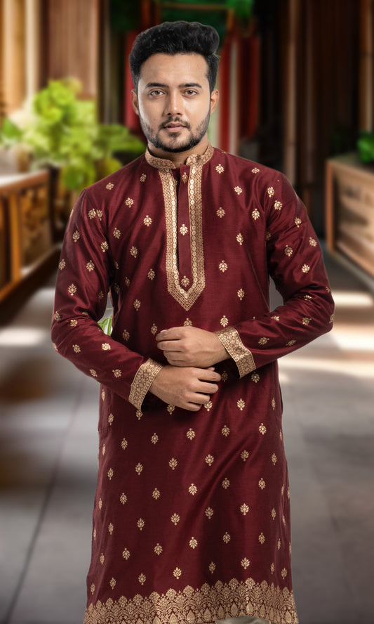 BURNT MAROON GOLDEN ETHNIC MOTIFS WEAVED KURTA