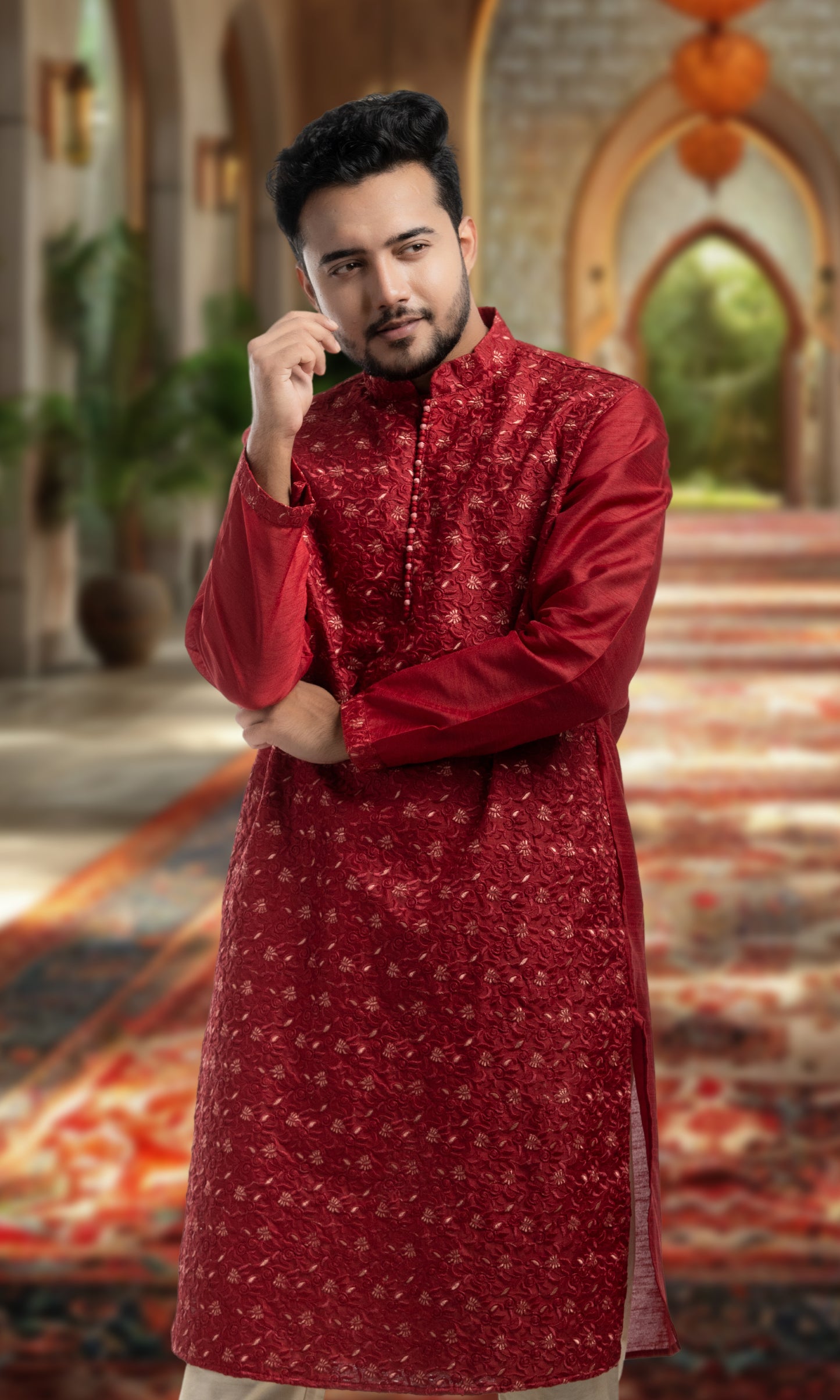 RUBY MAROON EMBROIDERED SILK KURTA WITH POTLI BUTTONS