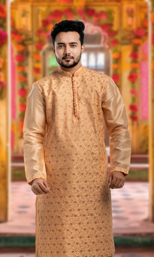 CREAMY PEACH EMBROIDERED SILK KURTA WITH POTLI BUTTONS