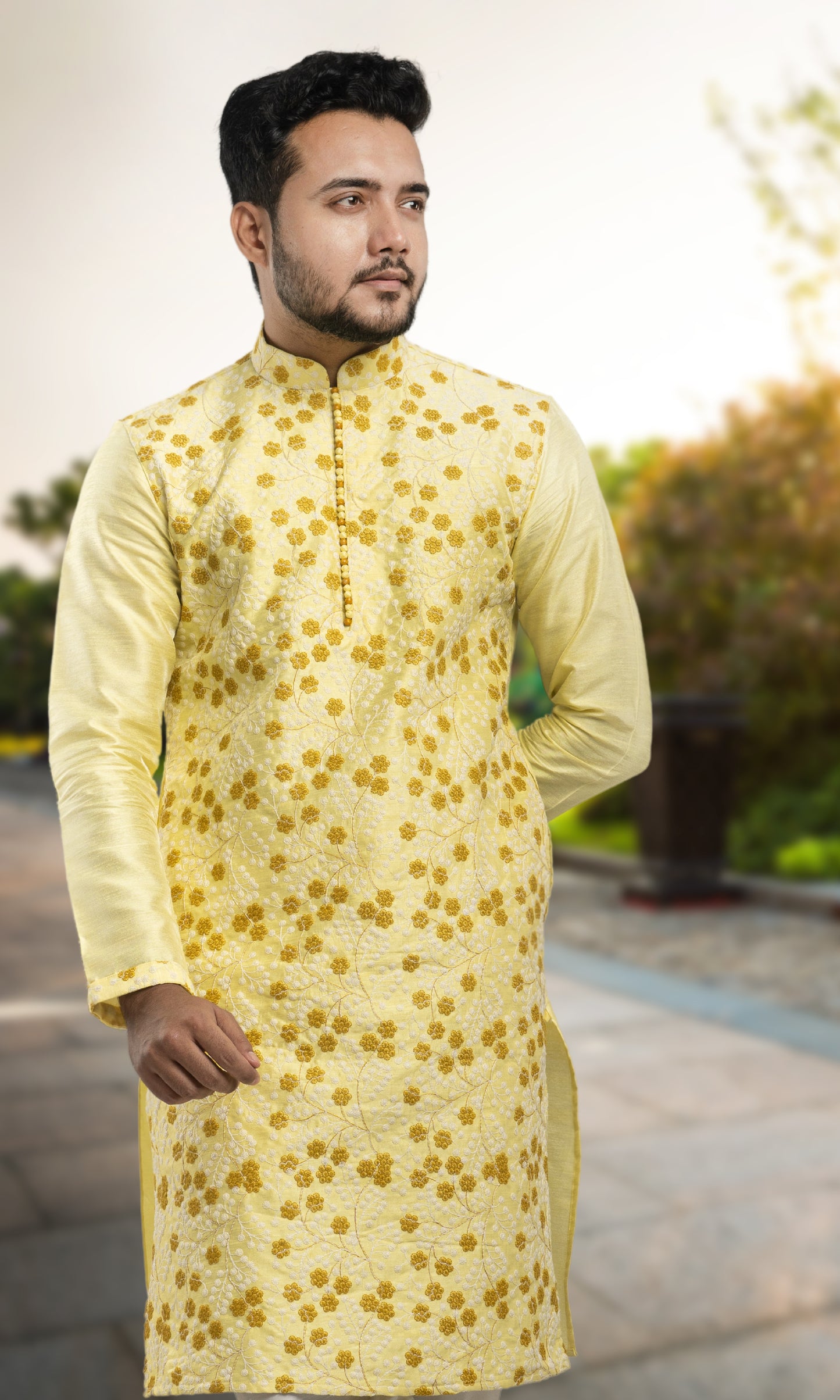 LEMON YELLOW EMBROIDERED SILK KURTA WITH POTLI BUTTONS