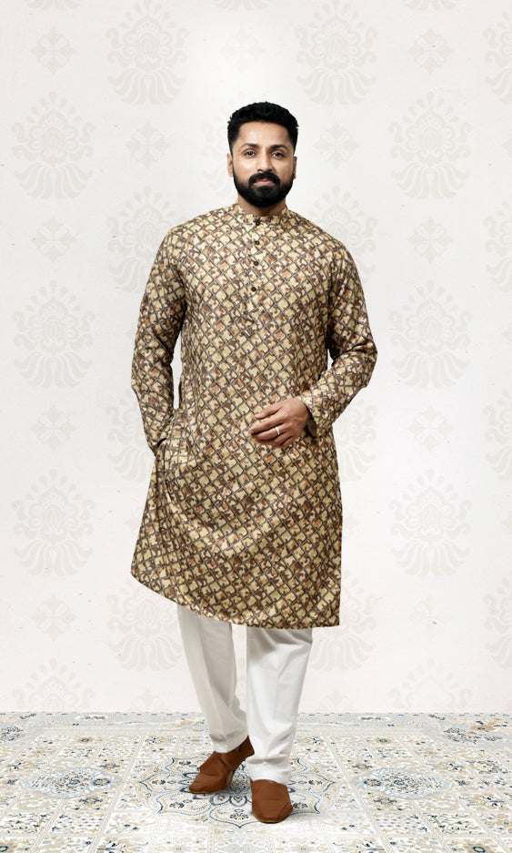 Earthy Camouflage Safari Kurta with Royal Grid Printed Jacket