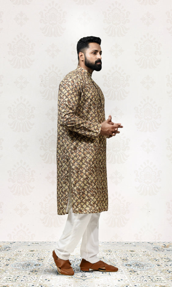 Earthy Camouflage Safari Kurta with Royal Grid Printed Jacket