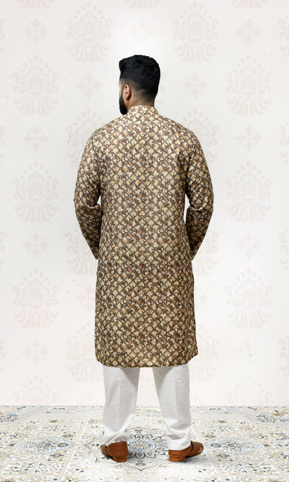 Earthy Camouflage Safari Kurta with Royal Grid Printed Jacket