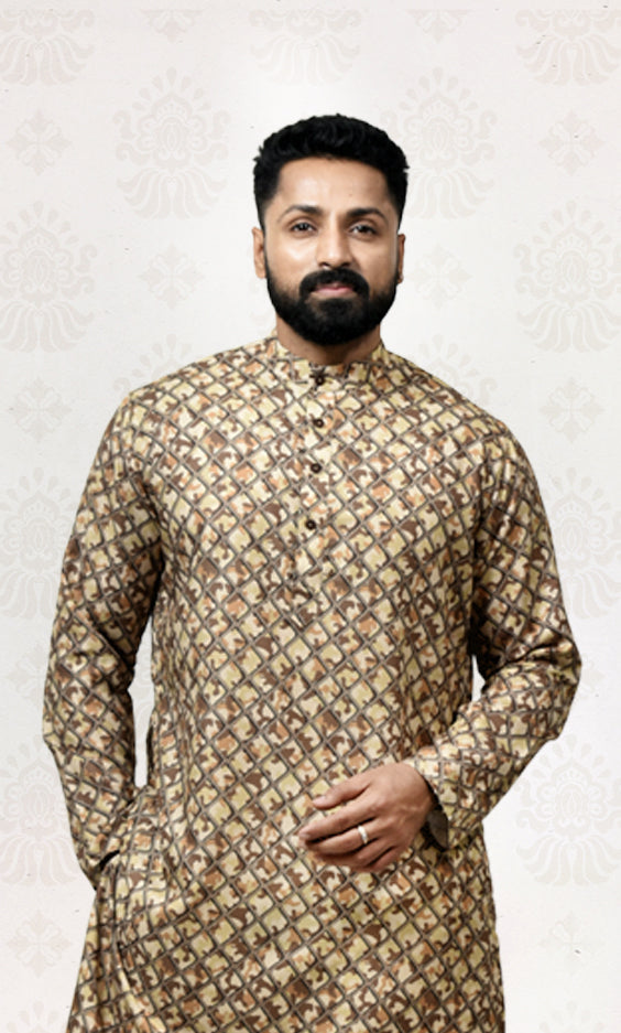 Earthy Camouflage Safari Kurta with Royal Grid Printed Jacket