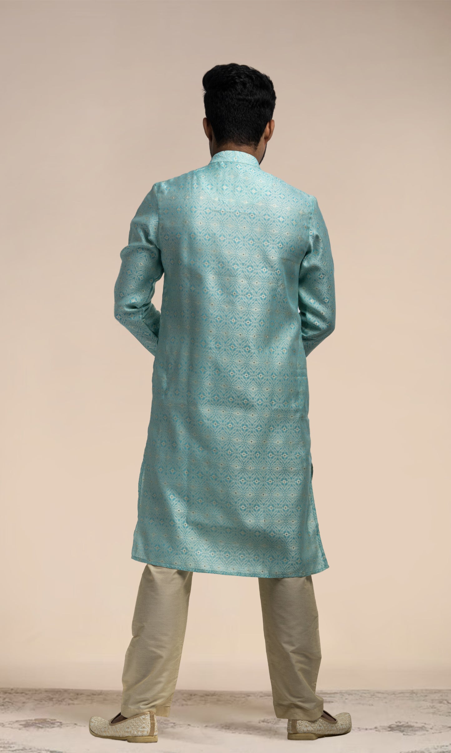 POWDER BLUE MEDALLION WEAVED KURTA WITH GOLDEN ZARI