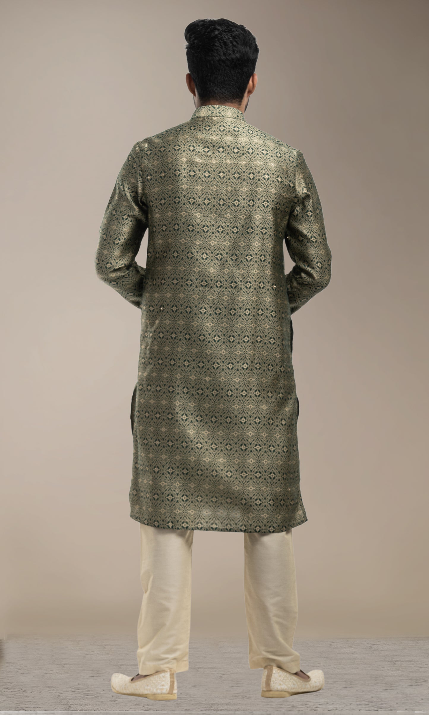 BOTTLE GREEN  MEDALLION WWEAVED KURTA WITH GOLDEN ZARI