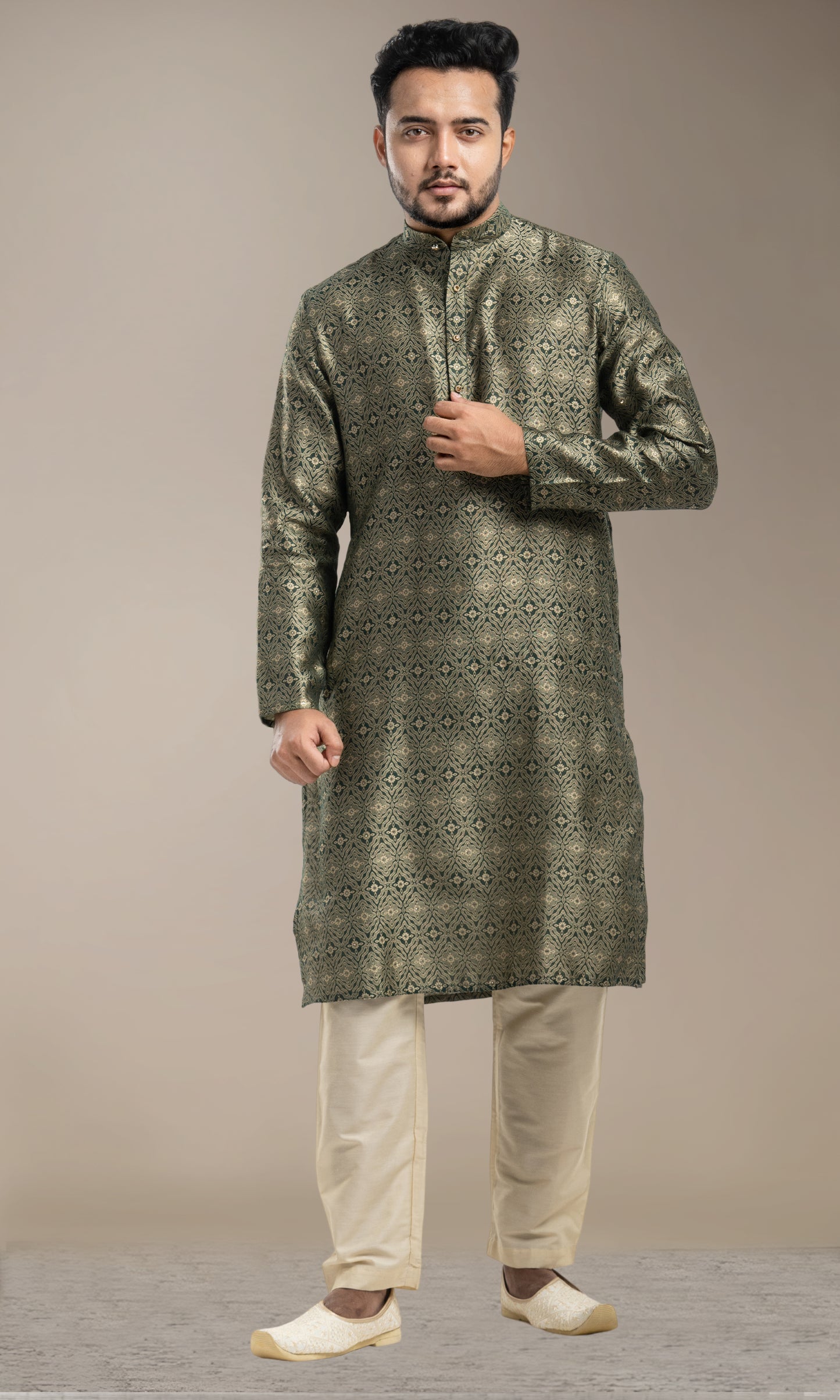 BOTTLE GREEN  MEDALLION WWEAVED KURTA WITH GOLDEN ZARI