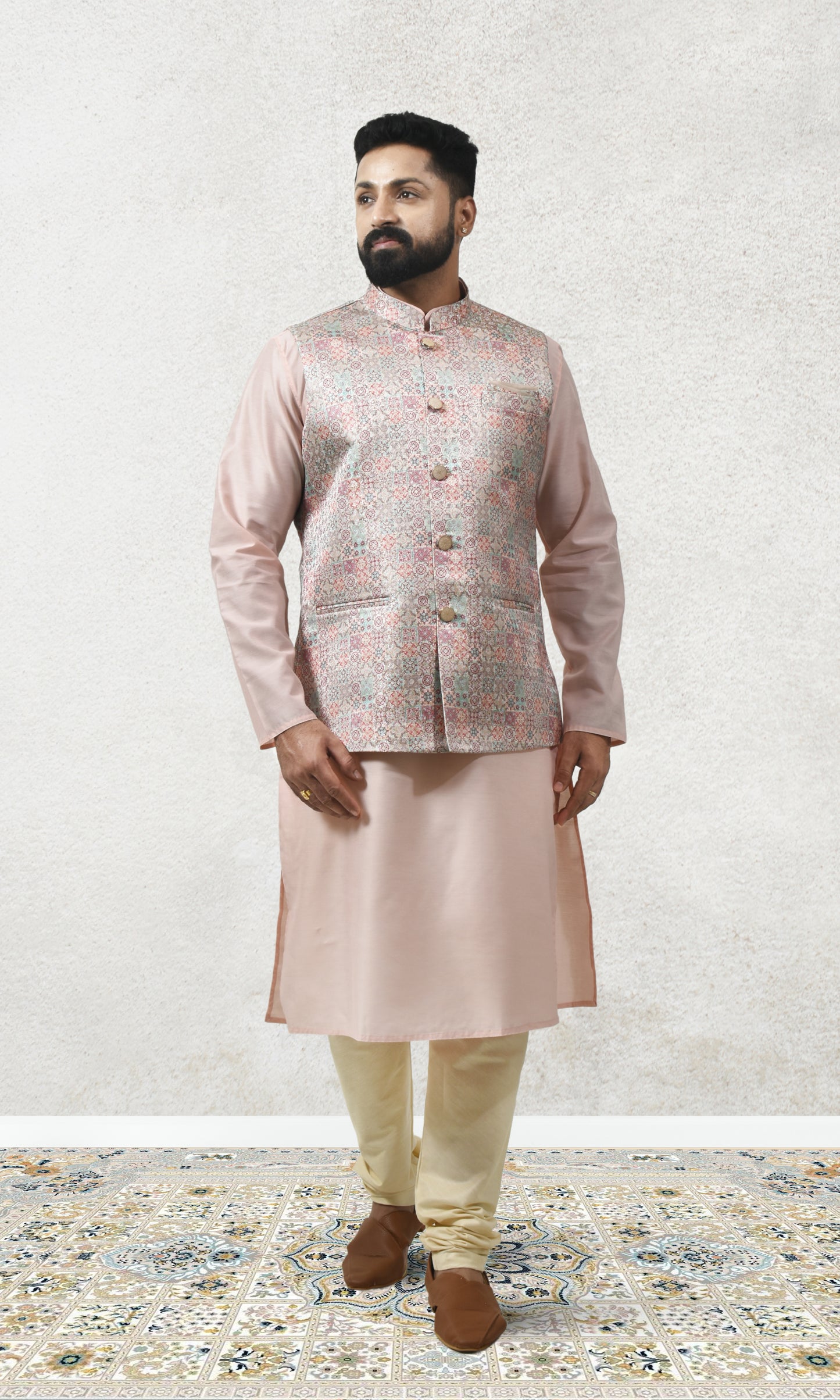 Multicoloured Pastel Medallion Weaved Jacket with Enchanted Brocade