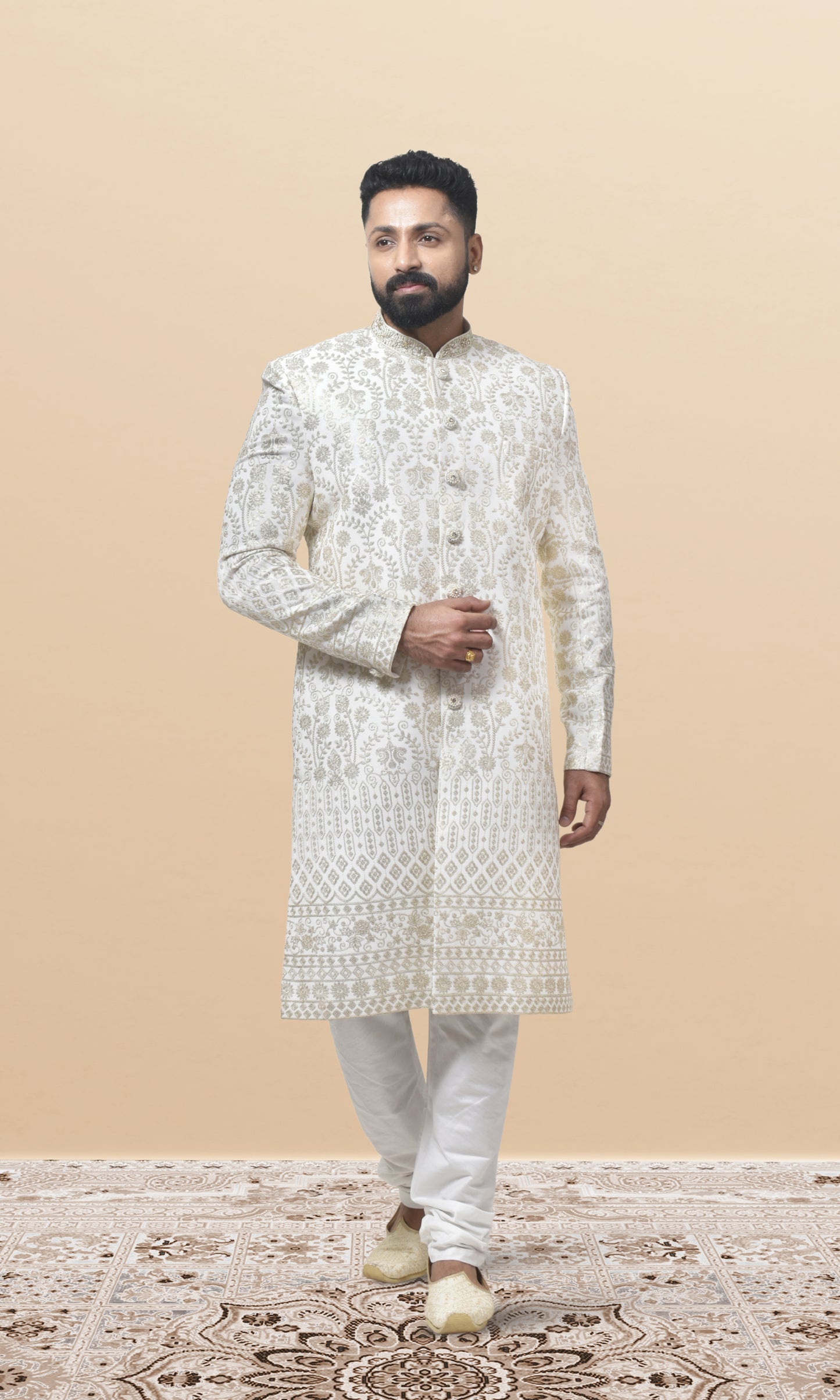 Regal Pearl White Embroidered Sherwani with Heritage-Inspired Floral Motifs