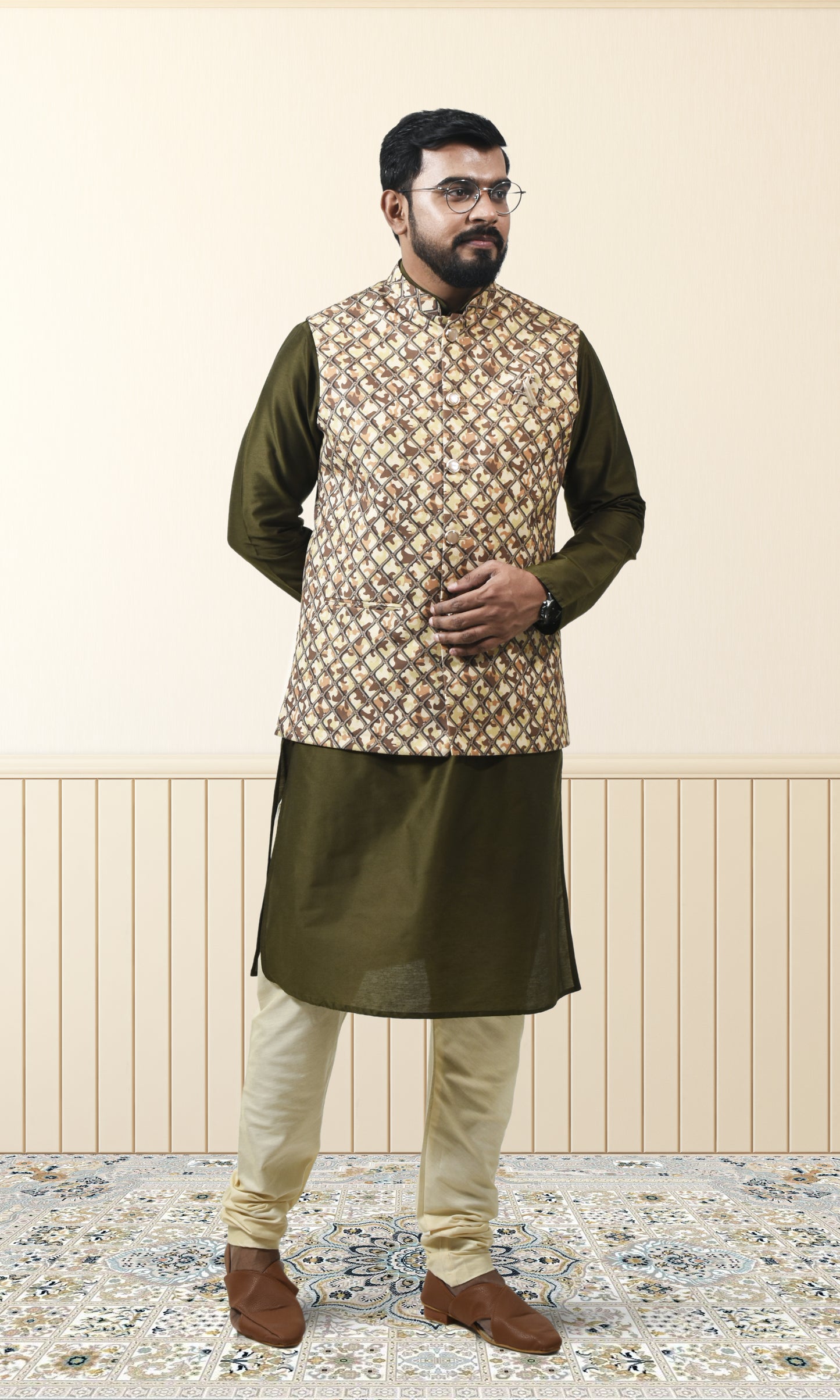 Earthy Camouflage Safari Jacket with Royal Grid Printed Jacket