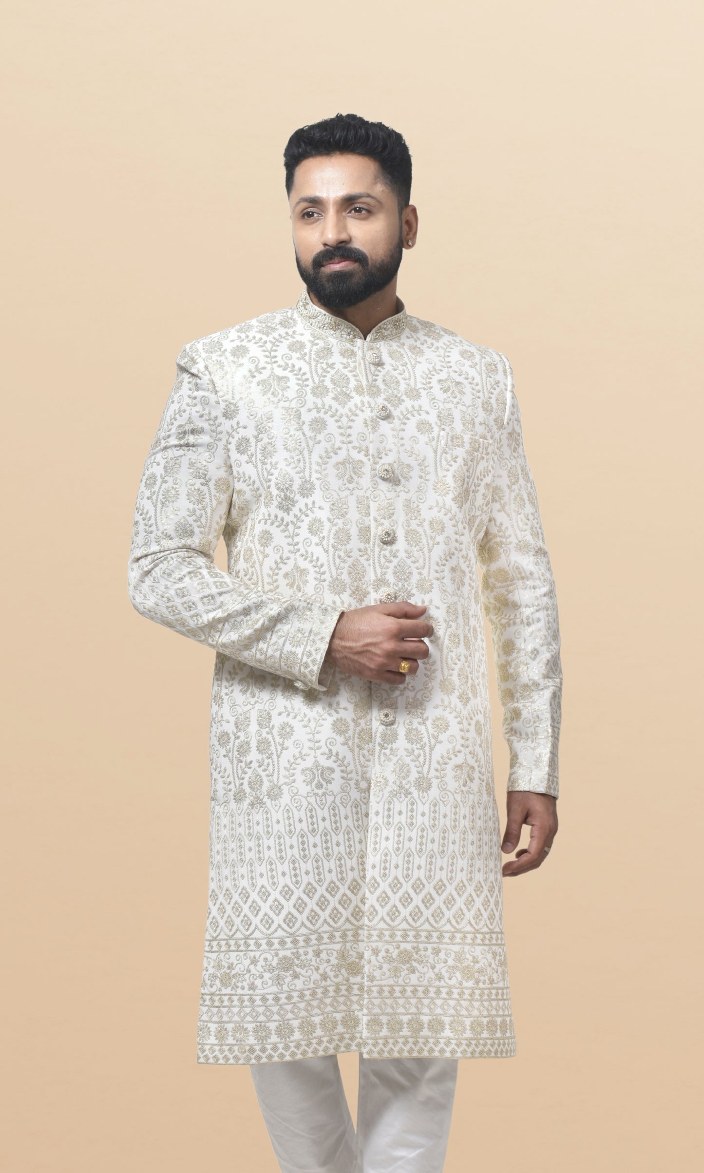 Regal Pearl White Embroidered Sherwani with Heritage-Inspired Floral Motifs