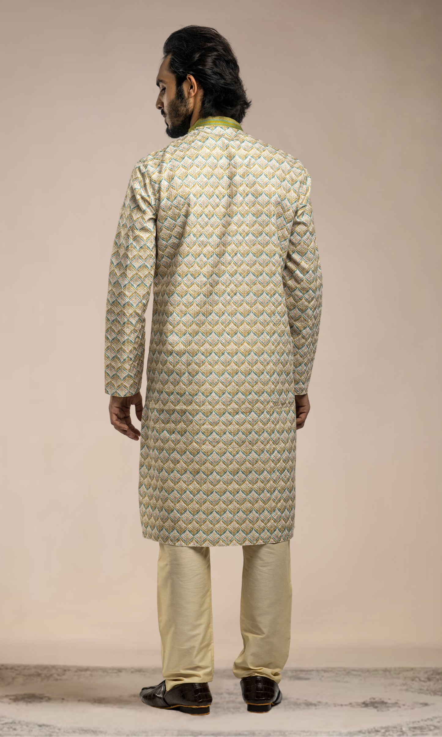 SHADES OF GREEN BOTANICAL PRINT SEQUINED THREADWORK KURTA