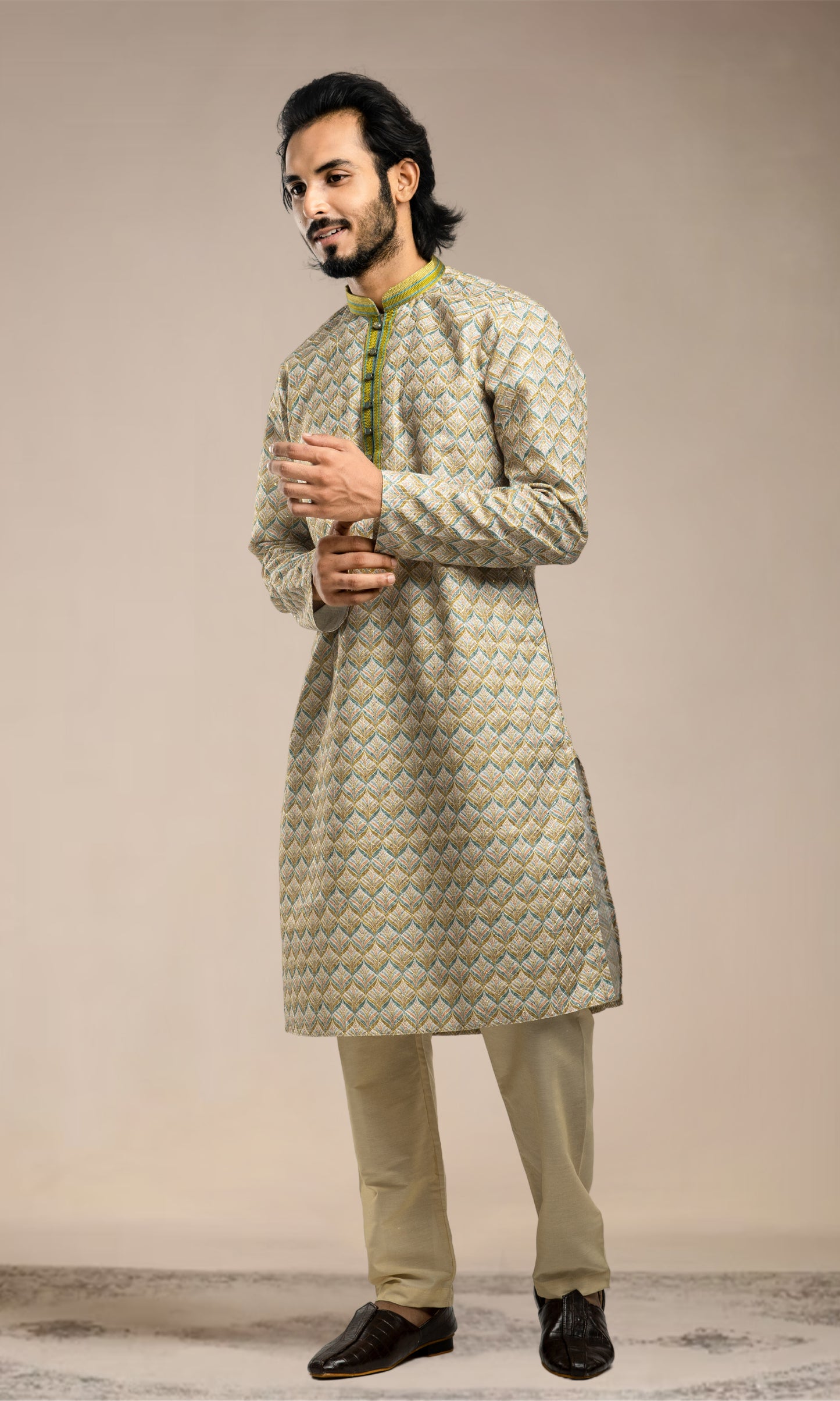 SHADES OF GREEN BOTANICAL PRINT SEQUINED THREADWORK KURTA