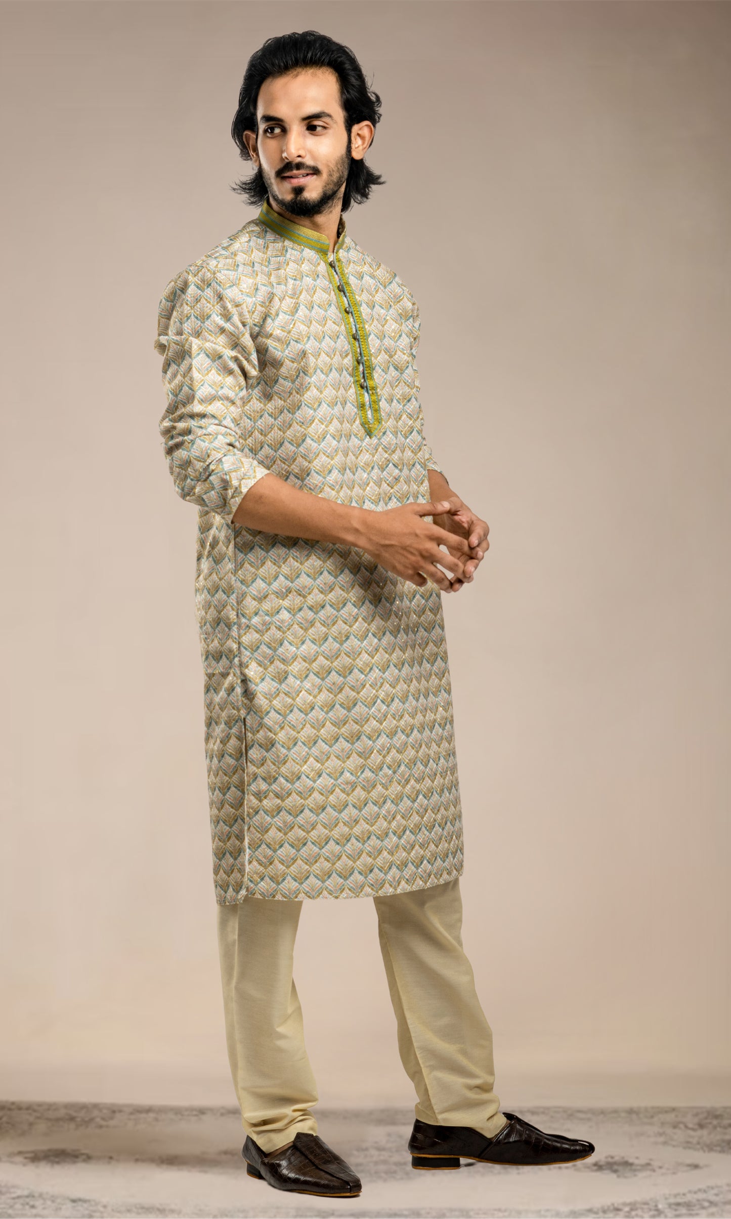 SHADES OF GREEN BOTANICAL PRINT SEQUINED THREADWORK KURTA