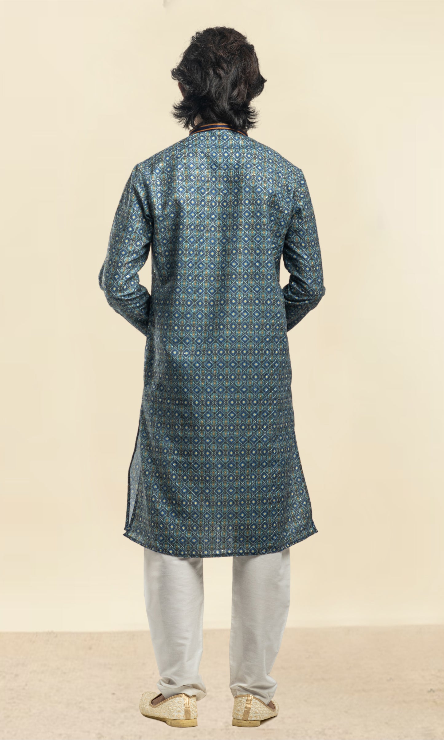 NAVY BLUE HARLEQUIN PRINT SEQUINED THREADWORK KURTA