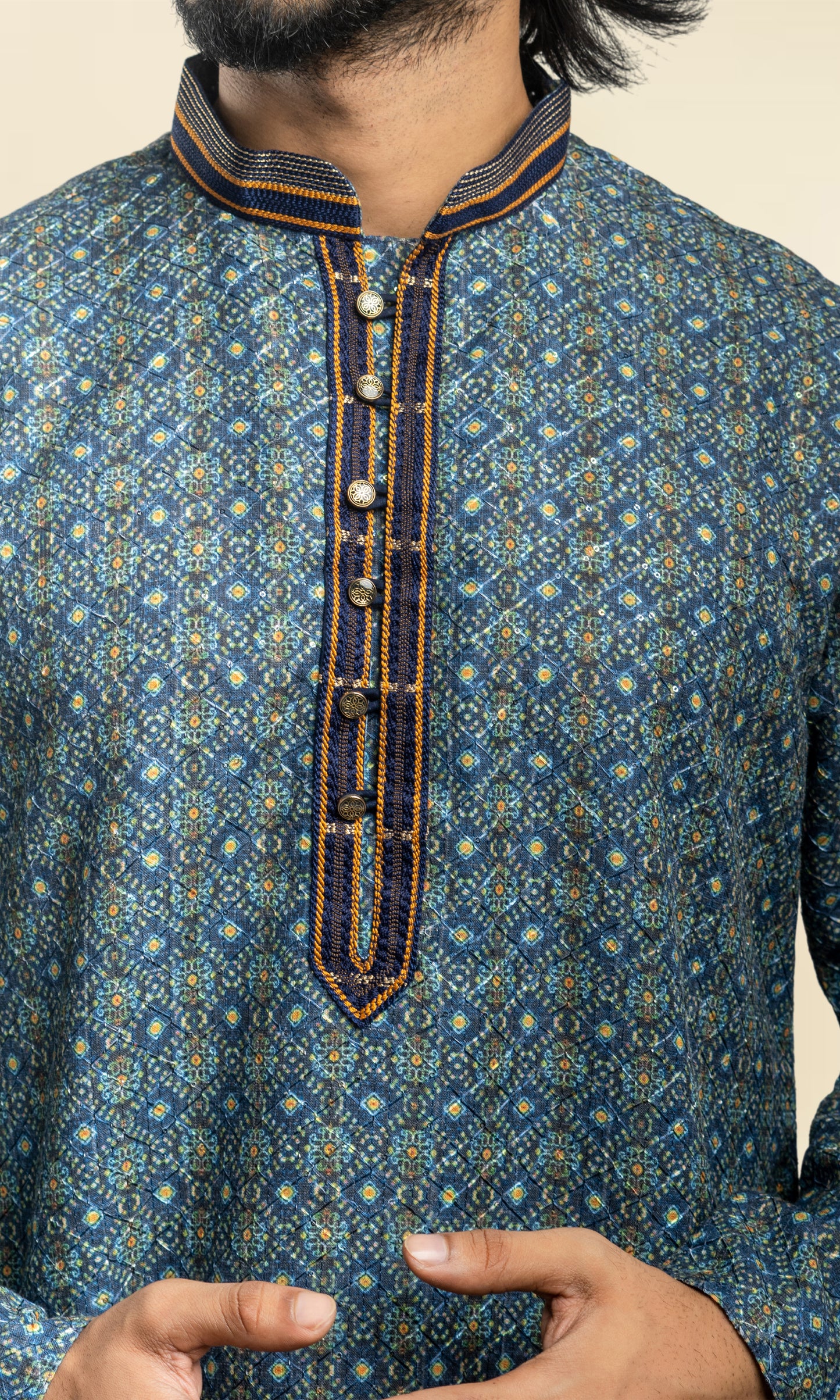 NAVY BLUE HARLEQUIN PRINT SEQUINED THREADWORK KURTA