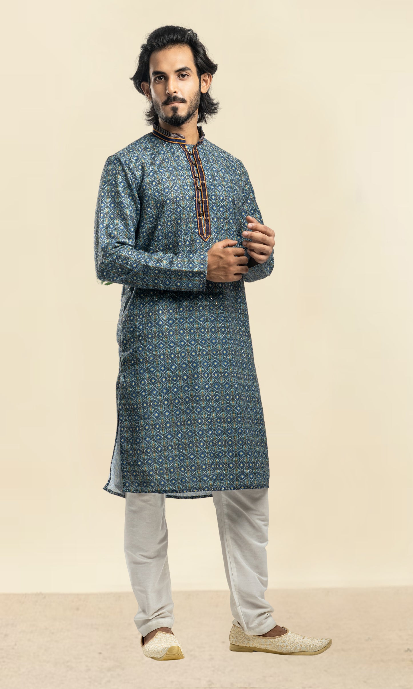 NAVY BLUE HARLEQUIN PRINT SEQUINED THREADWORK KURTA