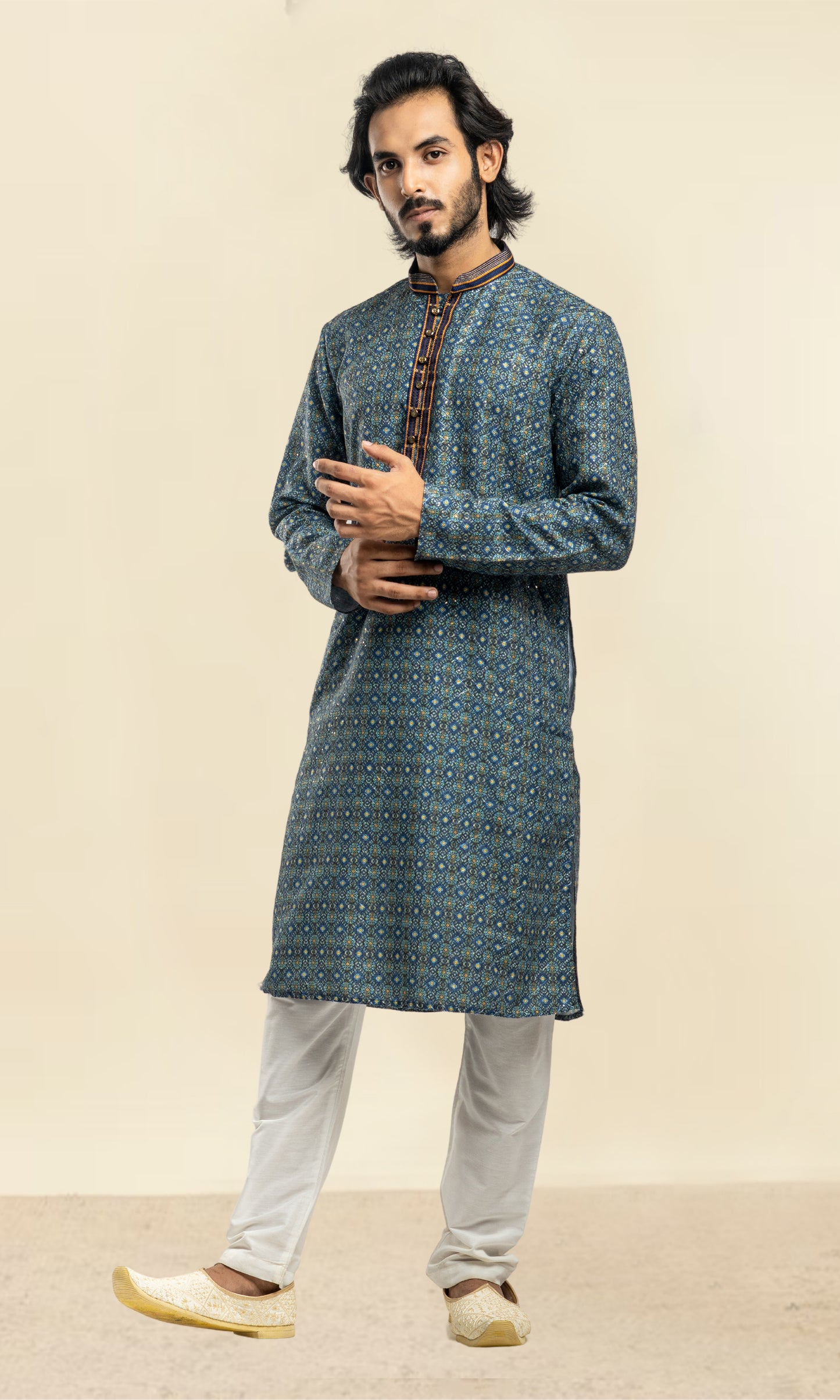 NAVY BLUE HARLEQUIN PRINT SEQUINED THREADWORK KURTA