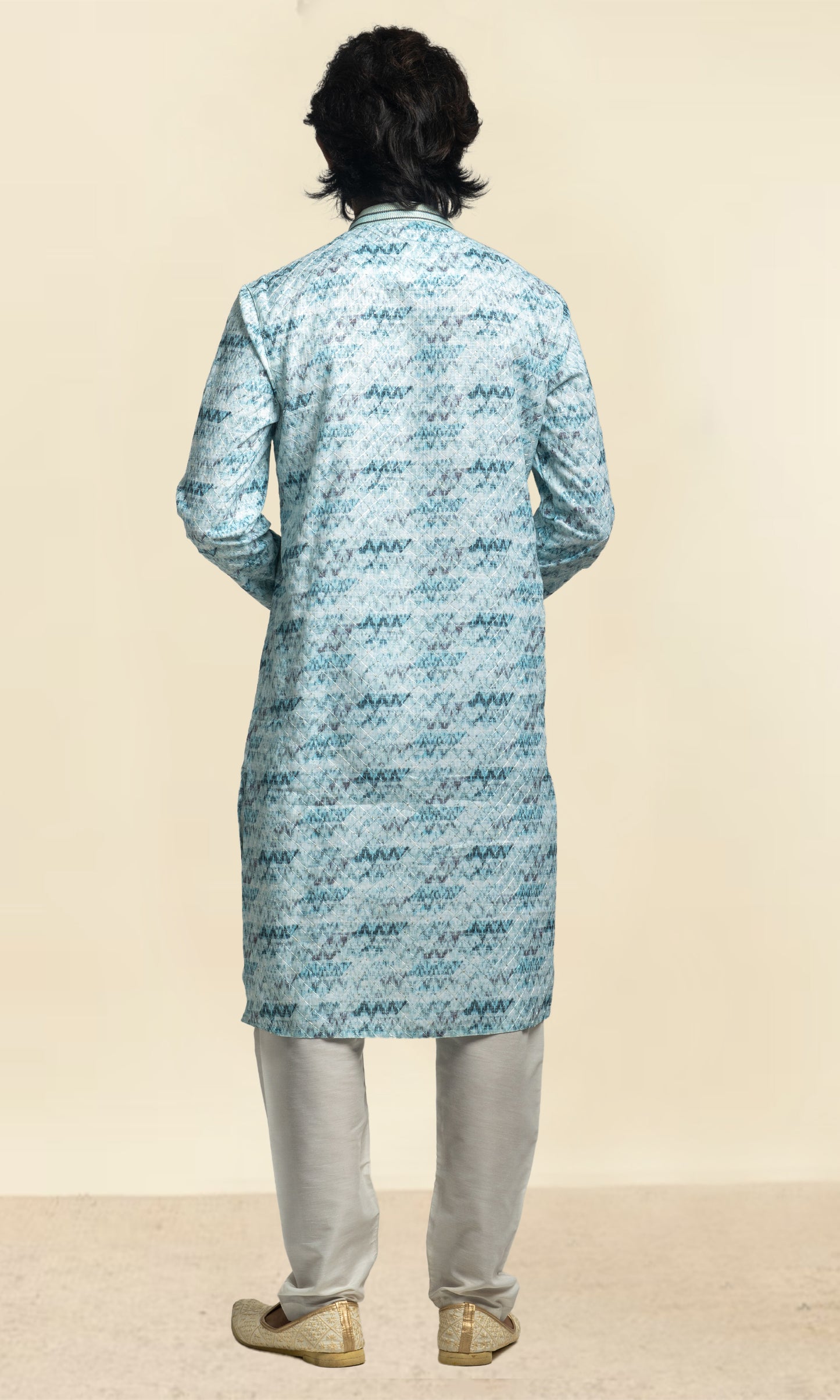 ICE BLUE IKKAT INSPIRED PRINT SEQUINED THREADWORK KURTA