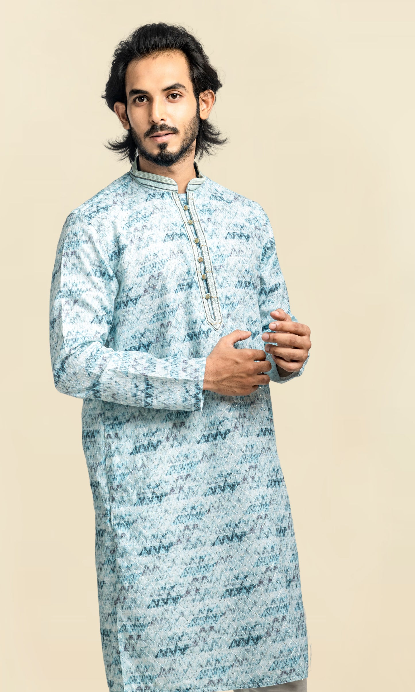 ICE BLUE IKKAT INSPIRED PRINT SEQUINED THREADWORK KURTA