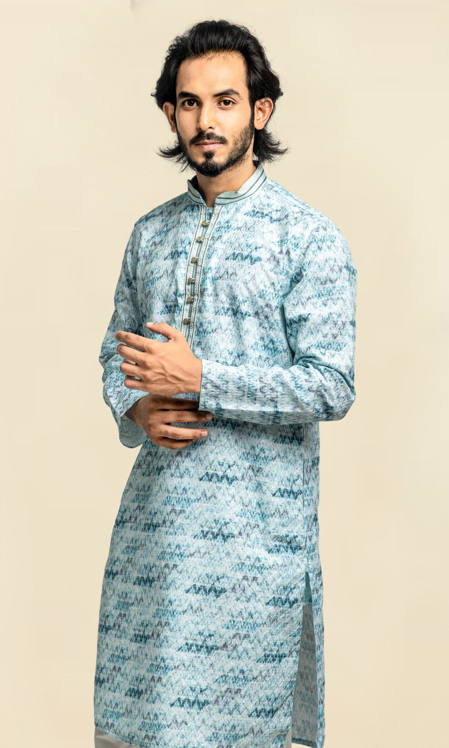 ICE BLUE IKKAT INSPIRED PRINT SEQUINED THREADWORK KURTA