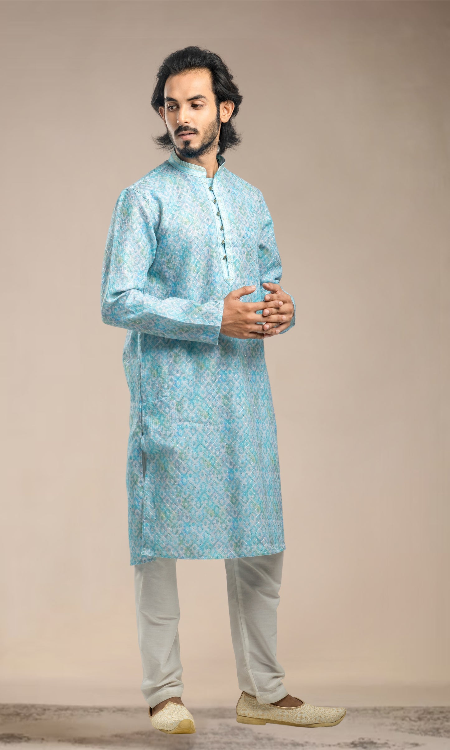 MINT BLUE SEQUINED JAAL THREADWORK KURTA