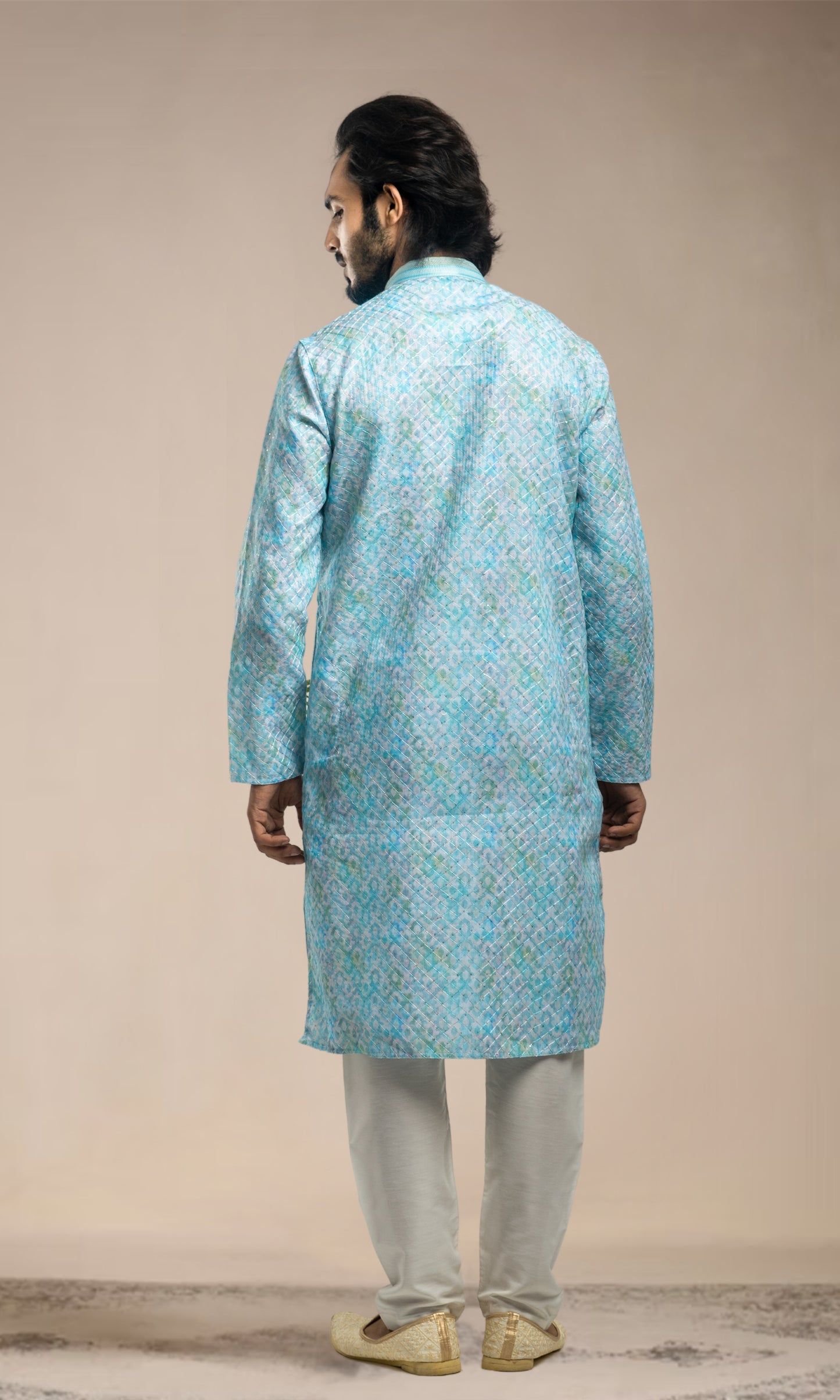 MINT BLUE SEQUINED JAAL THREADWORK KURTA