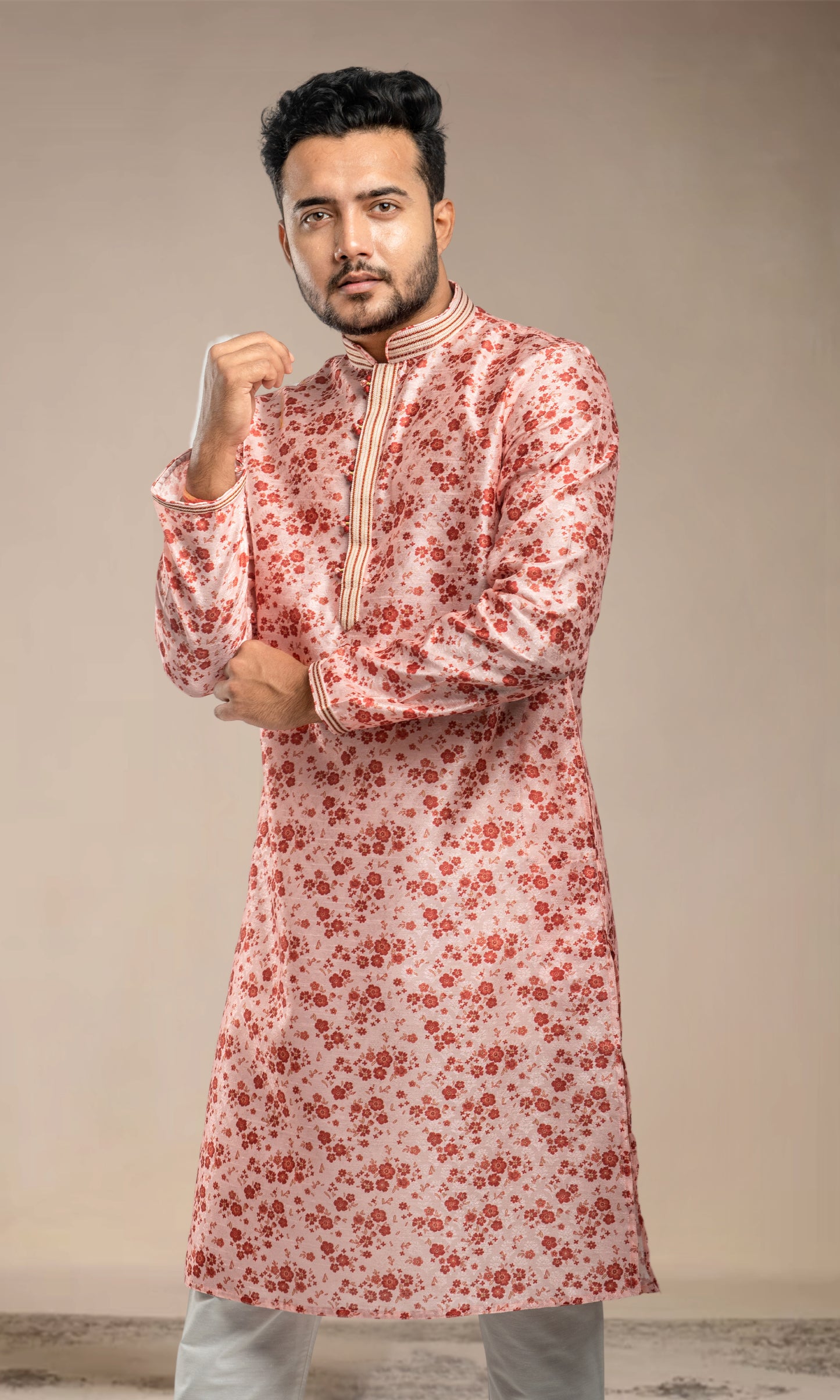 CORAL PEACH FLORAL PRINT SELF WEAVED JAQUARD KURTA