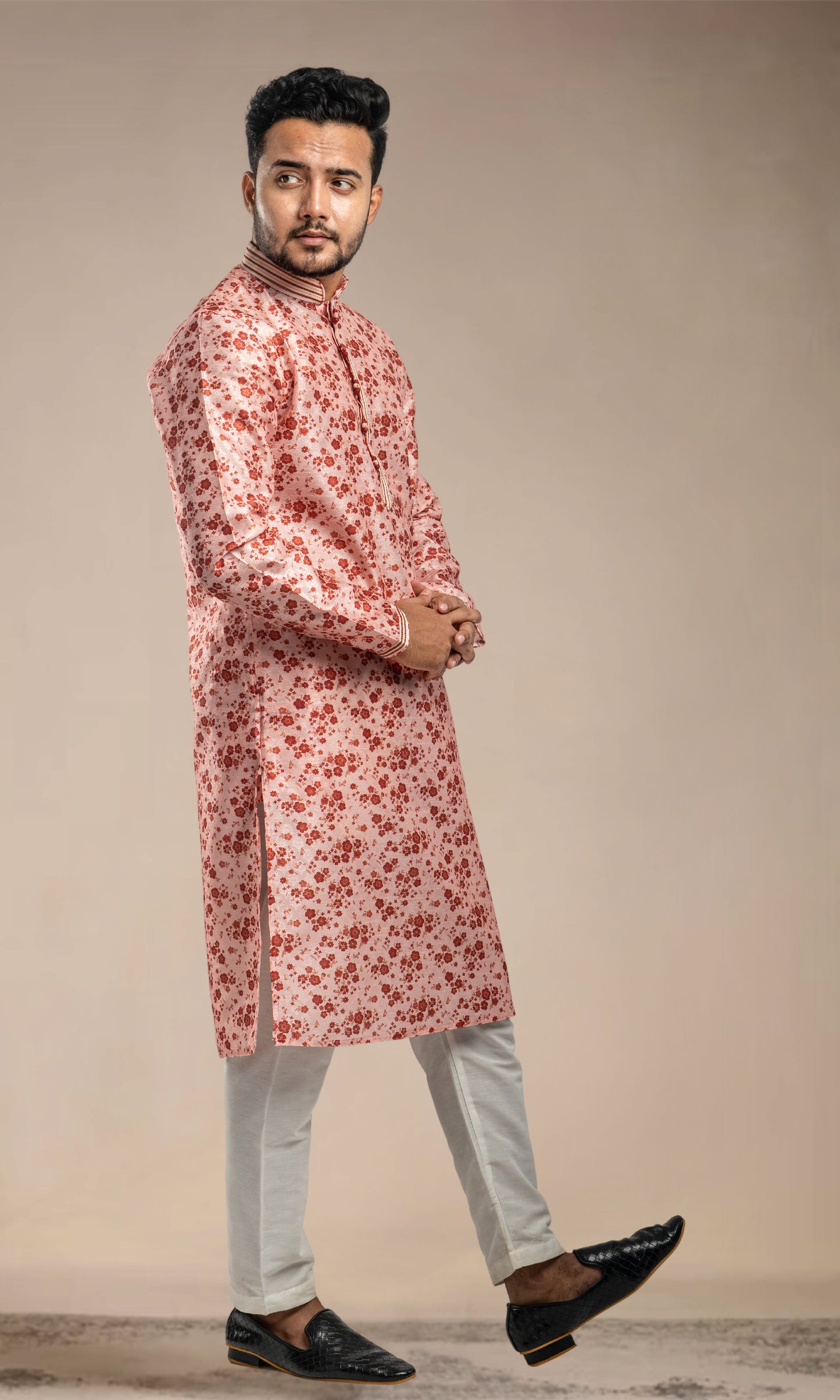 CORAL PEACH FLORAL PRINT SELF WEAVED JAQUARD KURTA