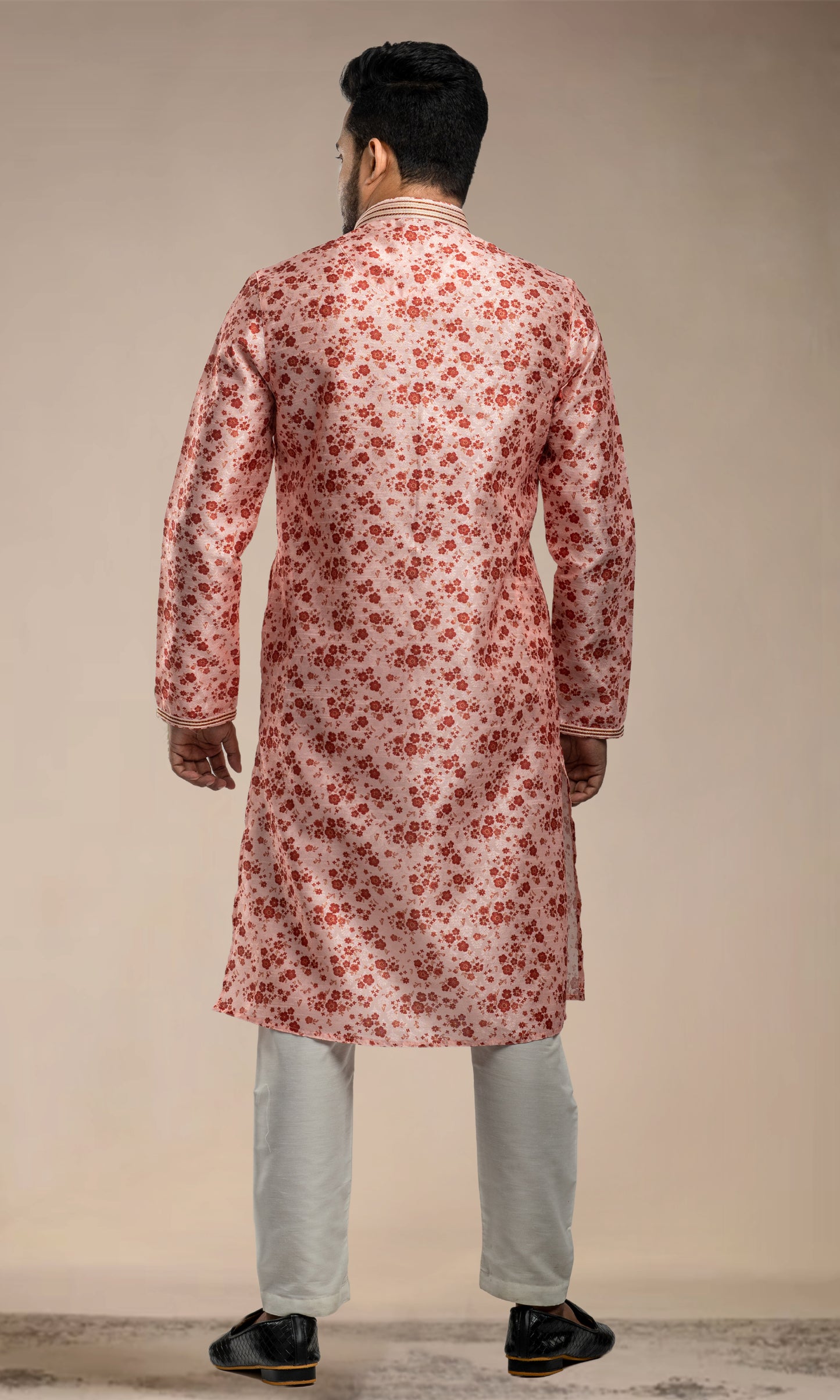 CORAL PEACH FLORAL PRINT SELF WEAVED JAQUARD KURTA