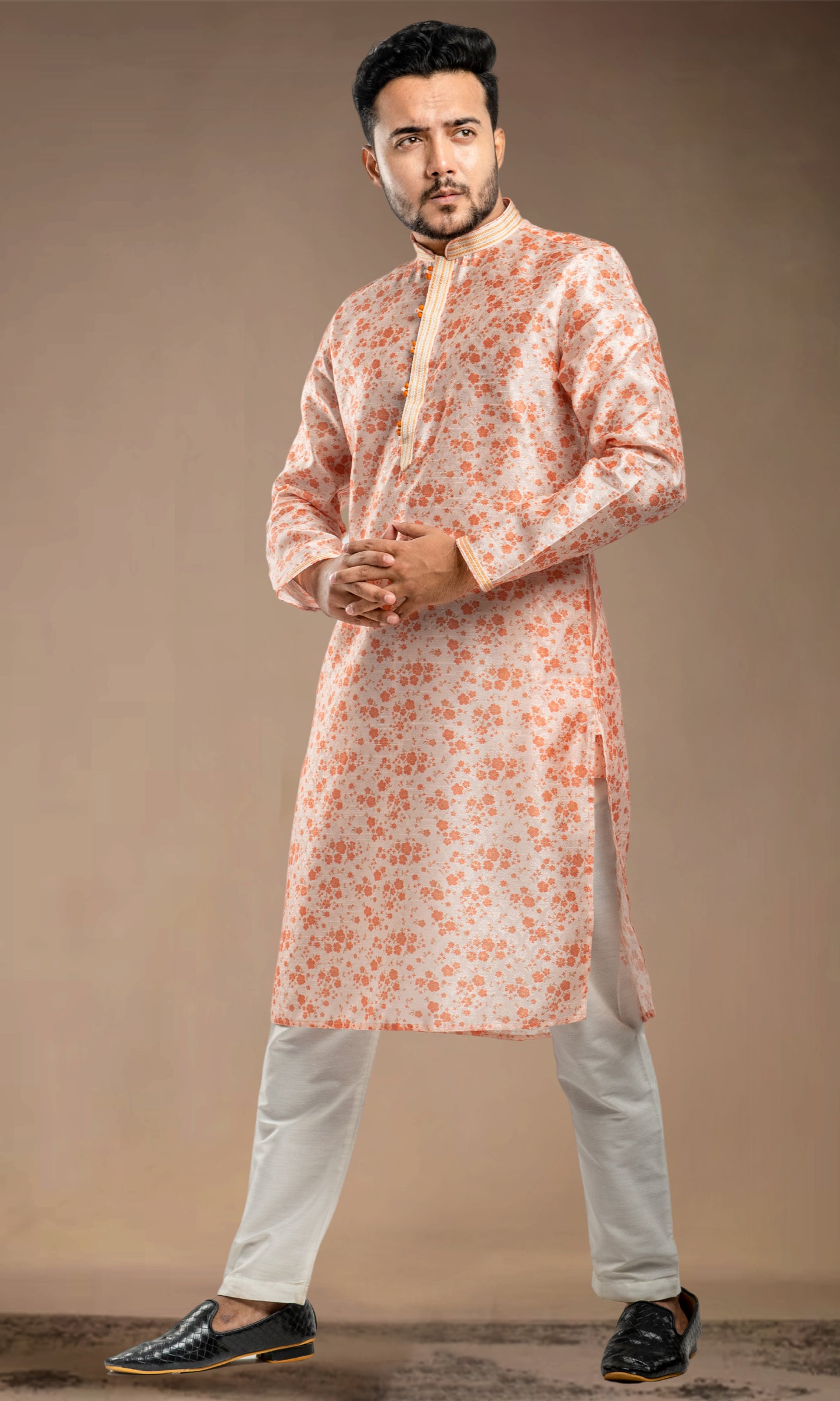 PEACH AMBER FLORAL PRINT SELF WEAVED JAQUARD KURTA