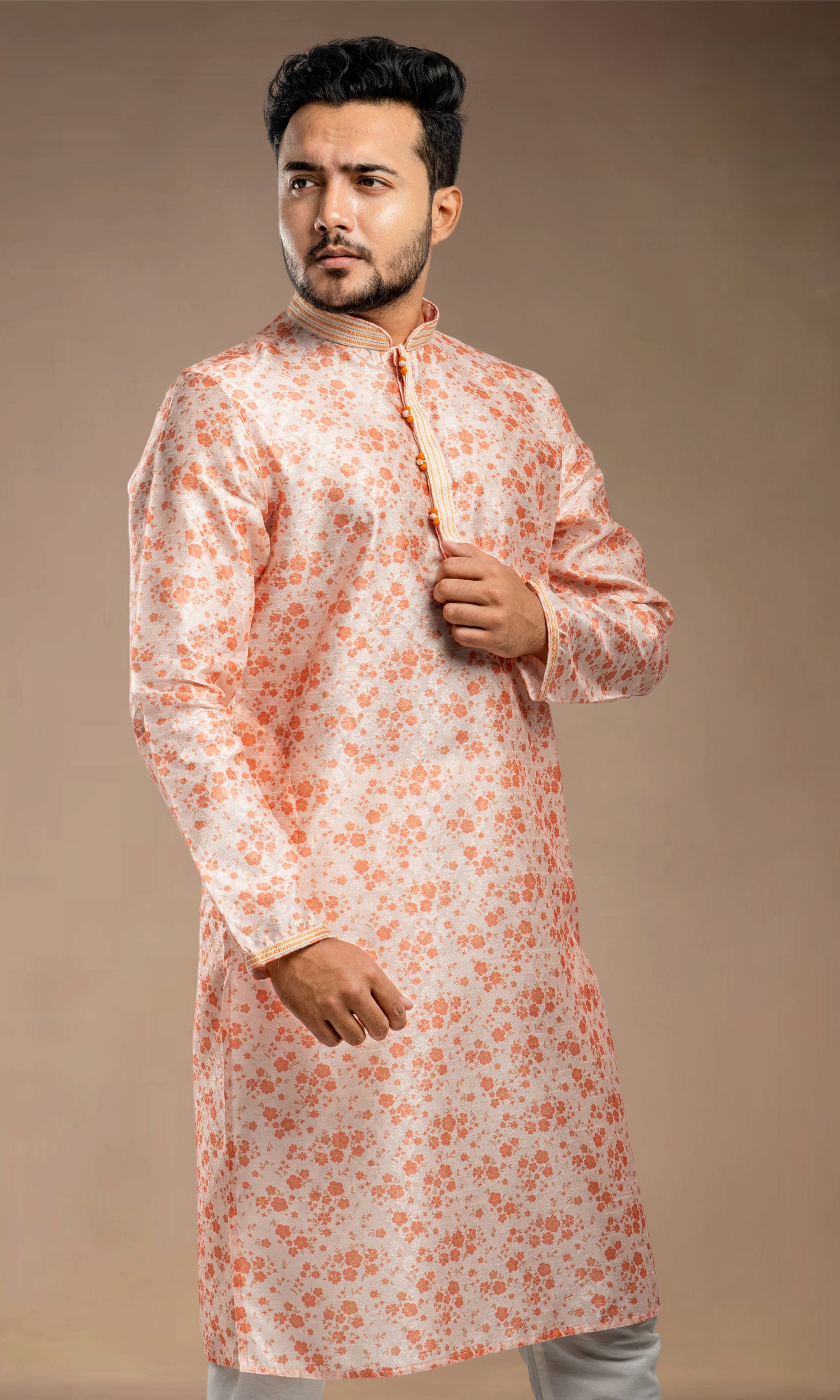 PEACH AMBER FLORAL PRINT SELF WEAVED JAQUARD KURTA