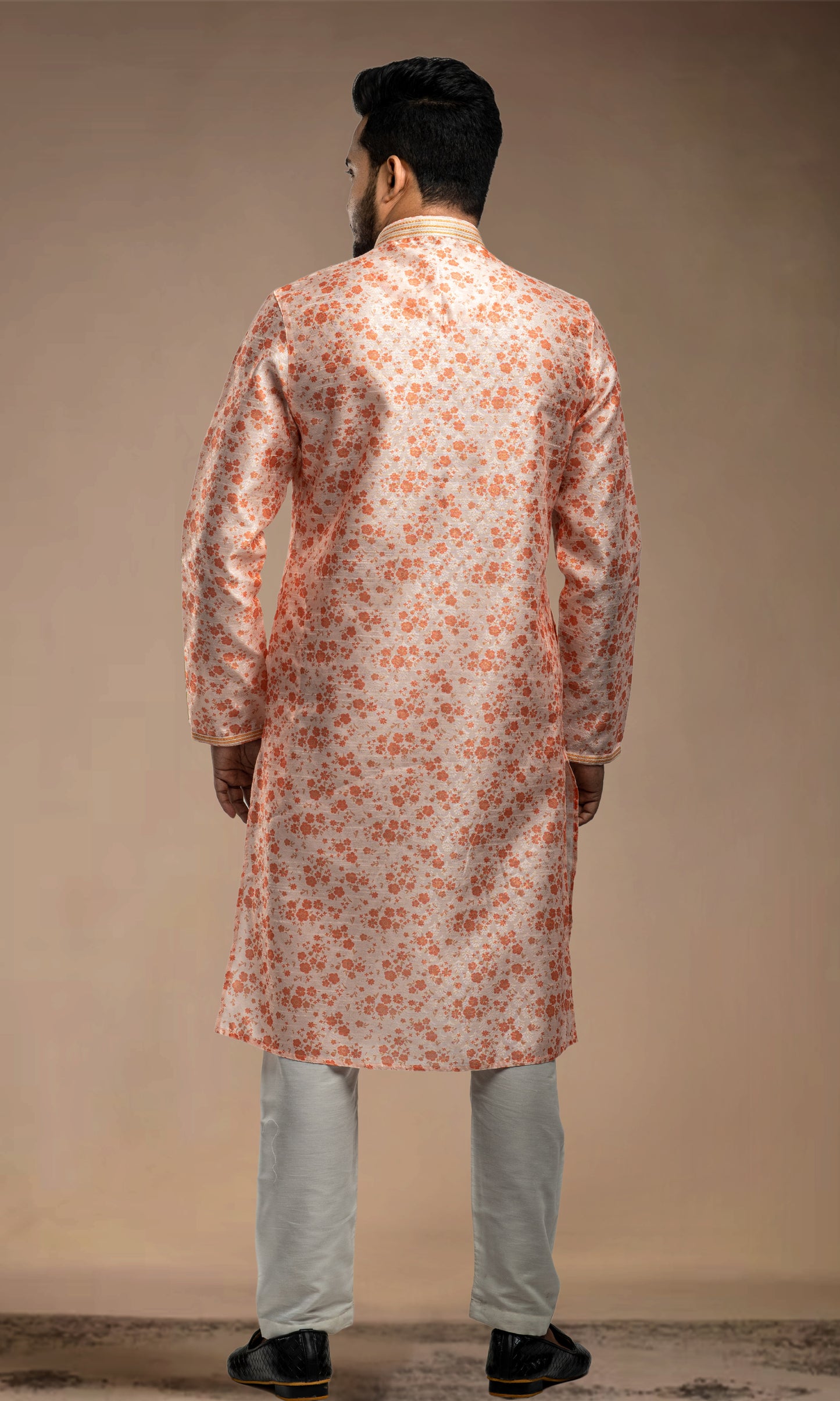 PEACH AMBER FLORAL PRINT SELF WEAVED JAQUARD KURTA