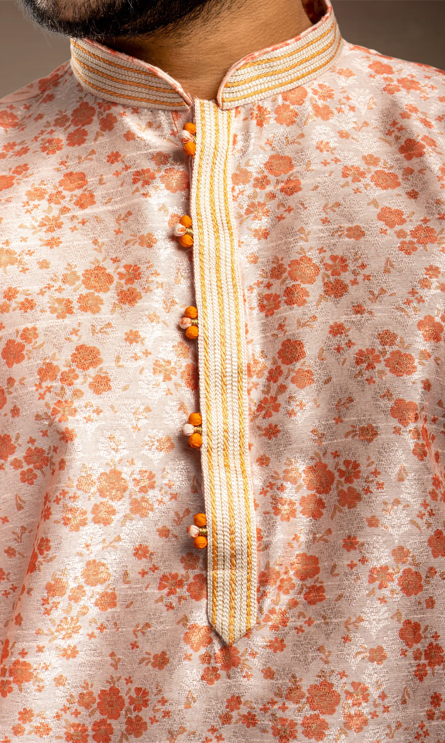 PEACH AMBER FLORAL PRINT SELF WEAVED JAQUARD KURTA