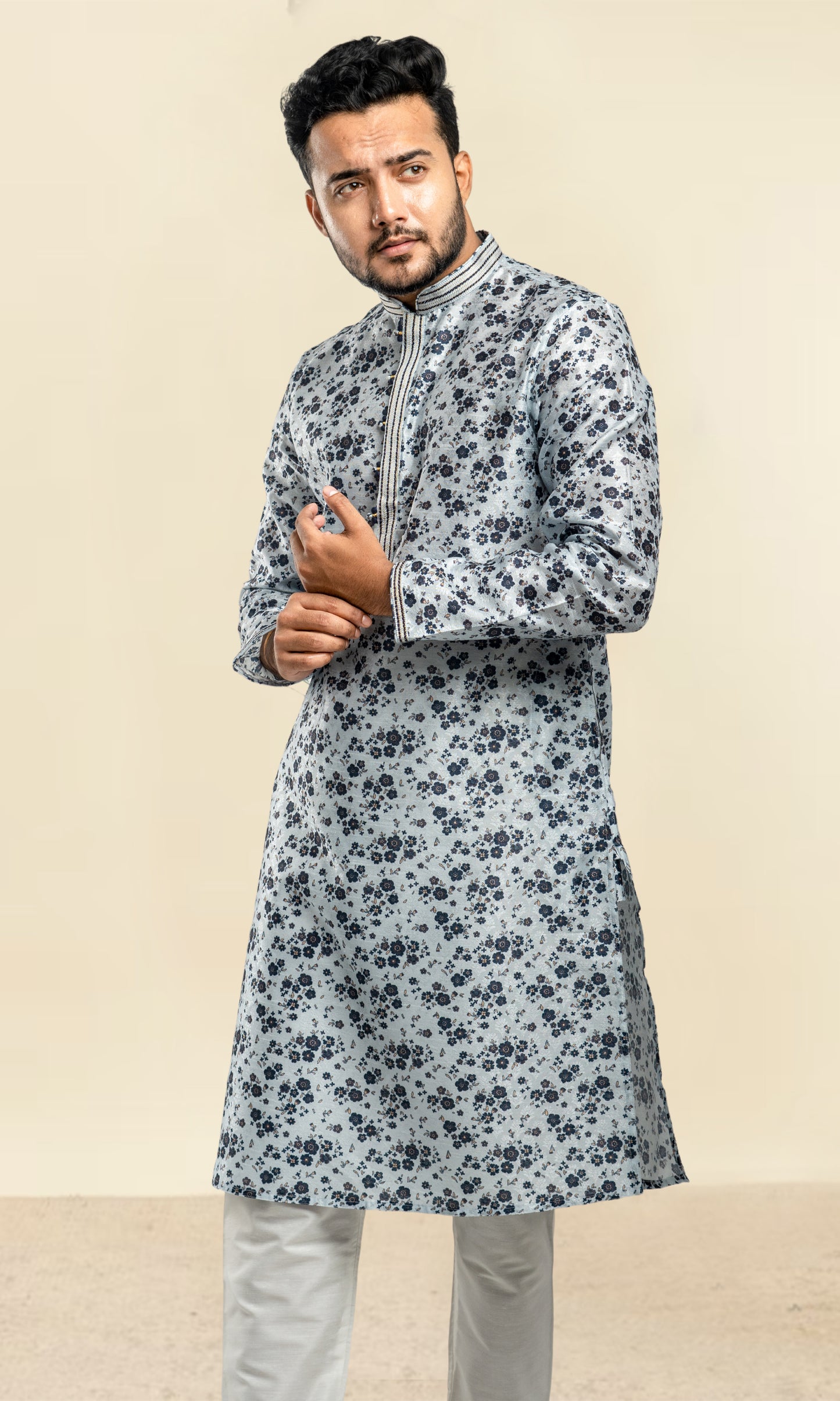 CONTRETE GREY FLORAL PRINT SELF WEAVED JAQUARD KURTA