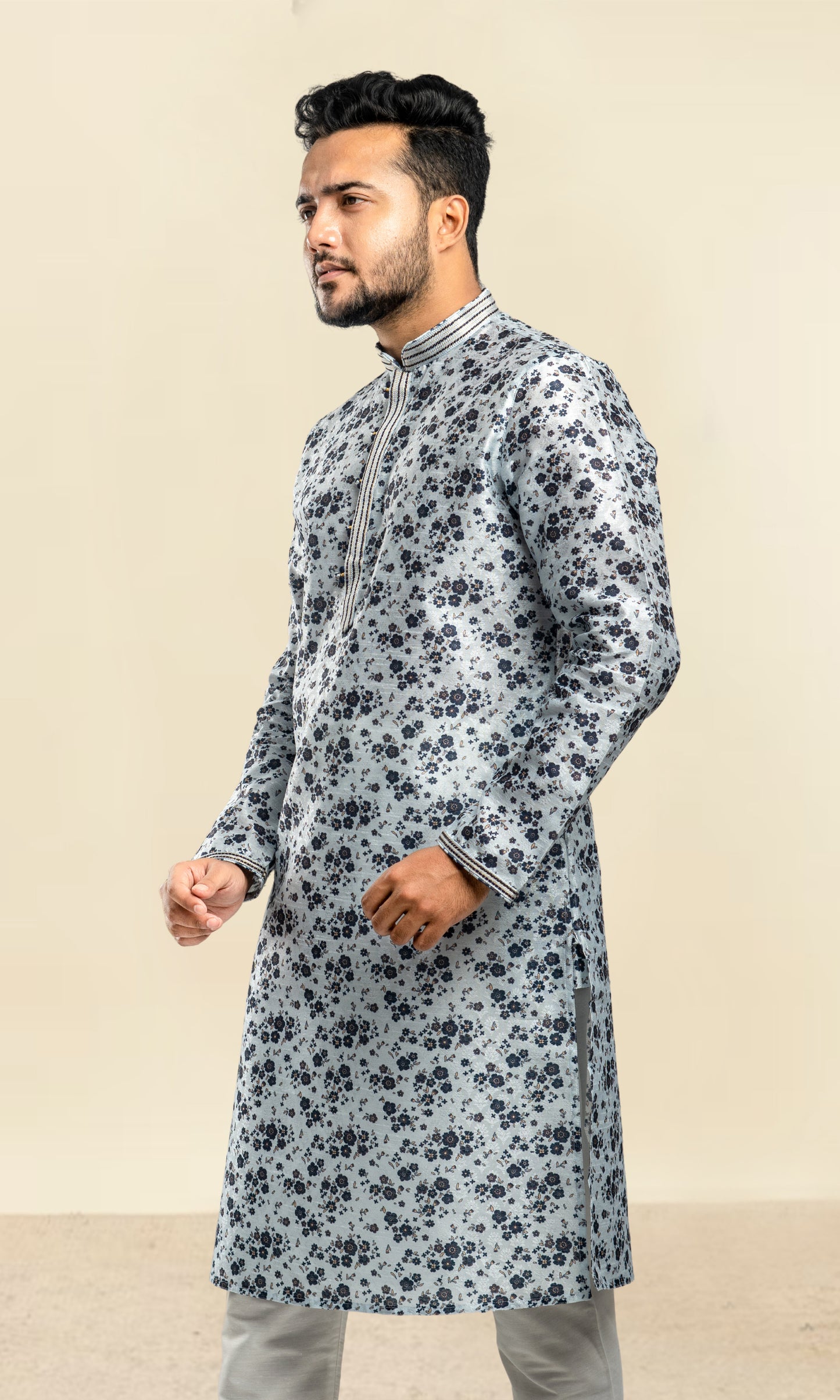 CONTRETE GREY FLORAL PRINT SELF WEAVED JAQUARD KURTA