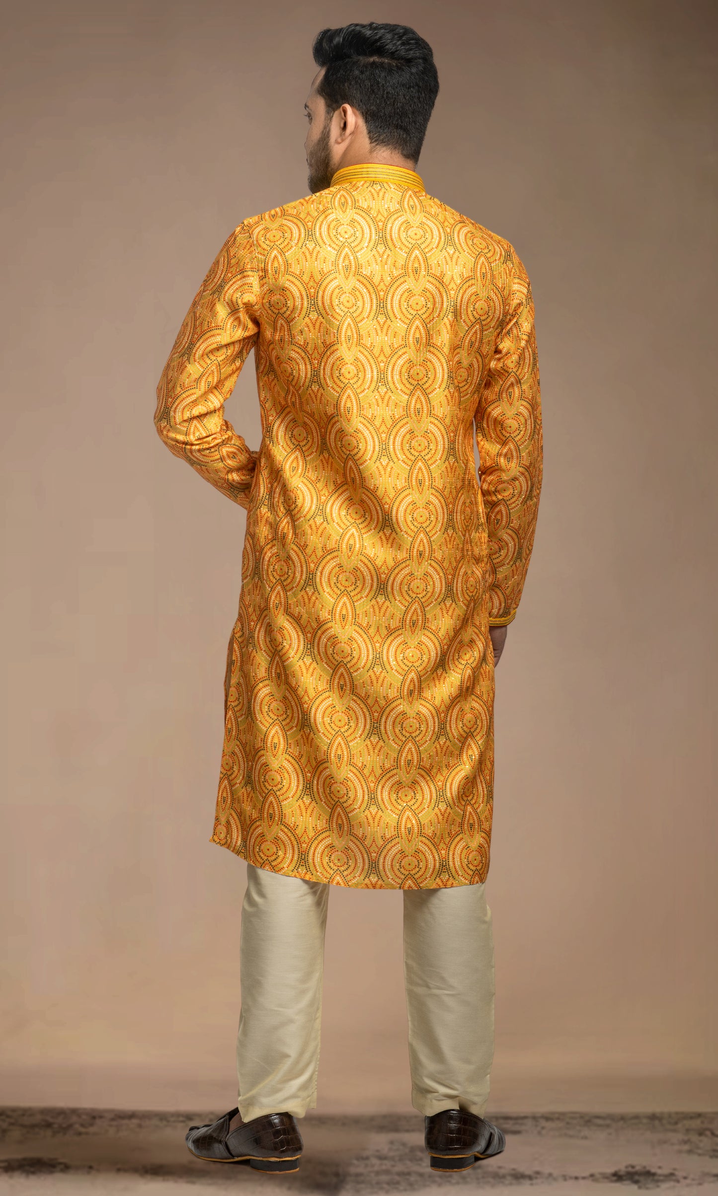 YELLOW WITH MULTI COLOURED DOTTED ETHNIC MOTIFS PRINT KURTA WITH SEQIUNED THREADWORK