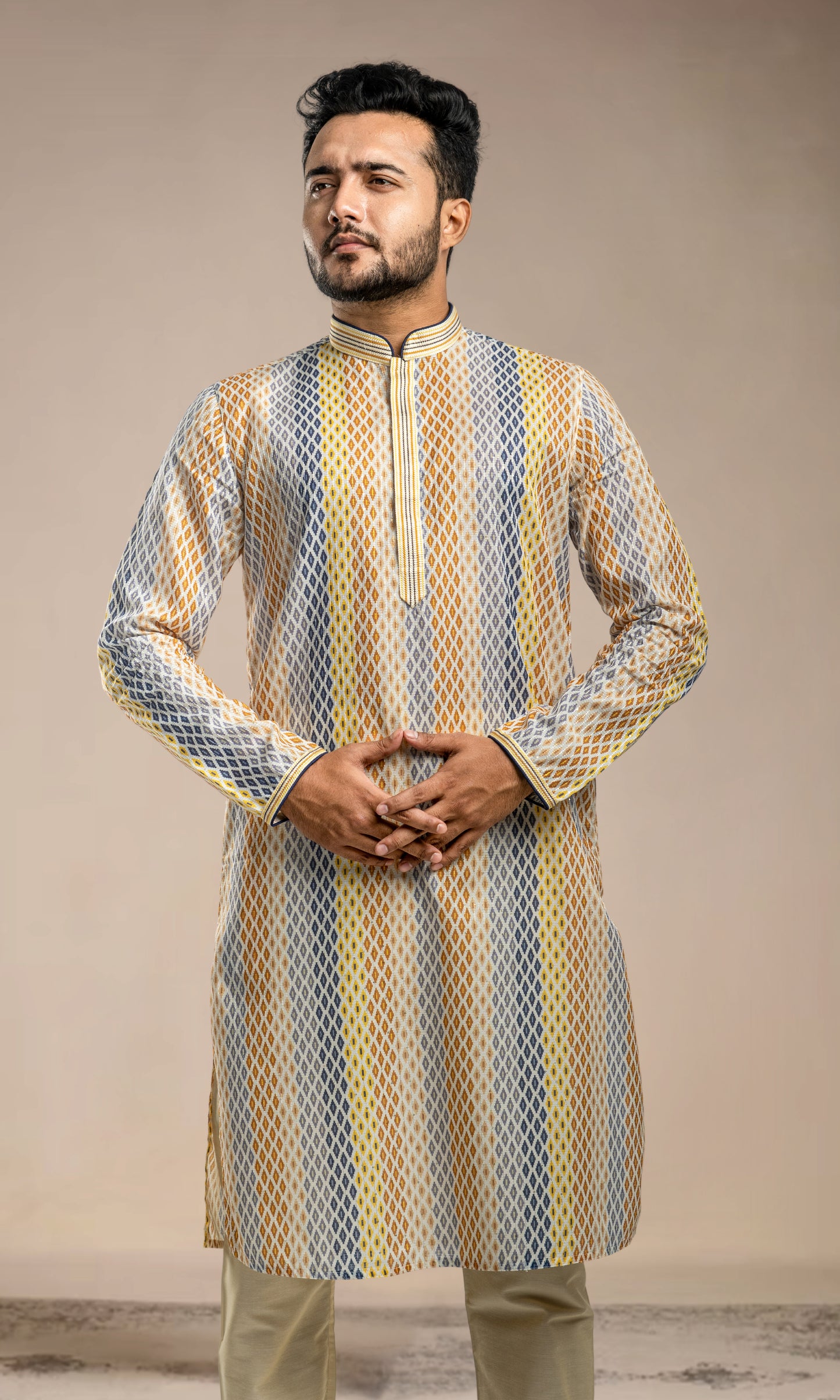 MULTI COLOURED HARLEQUIN PRINT KURTA WITH SEQUINED THREADWORK