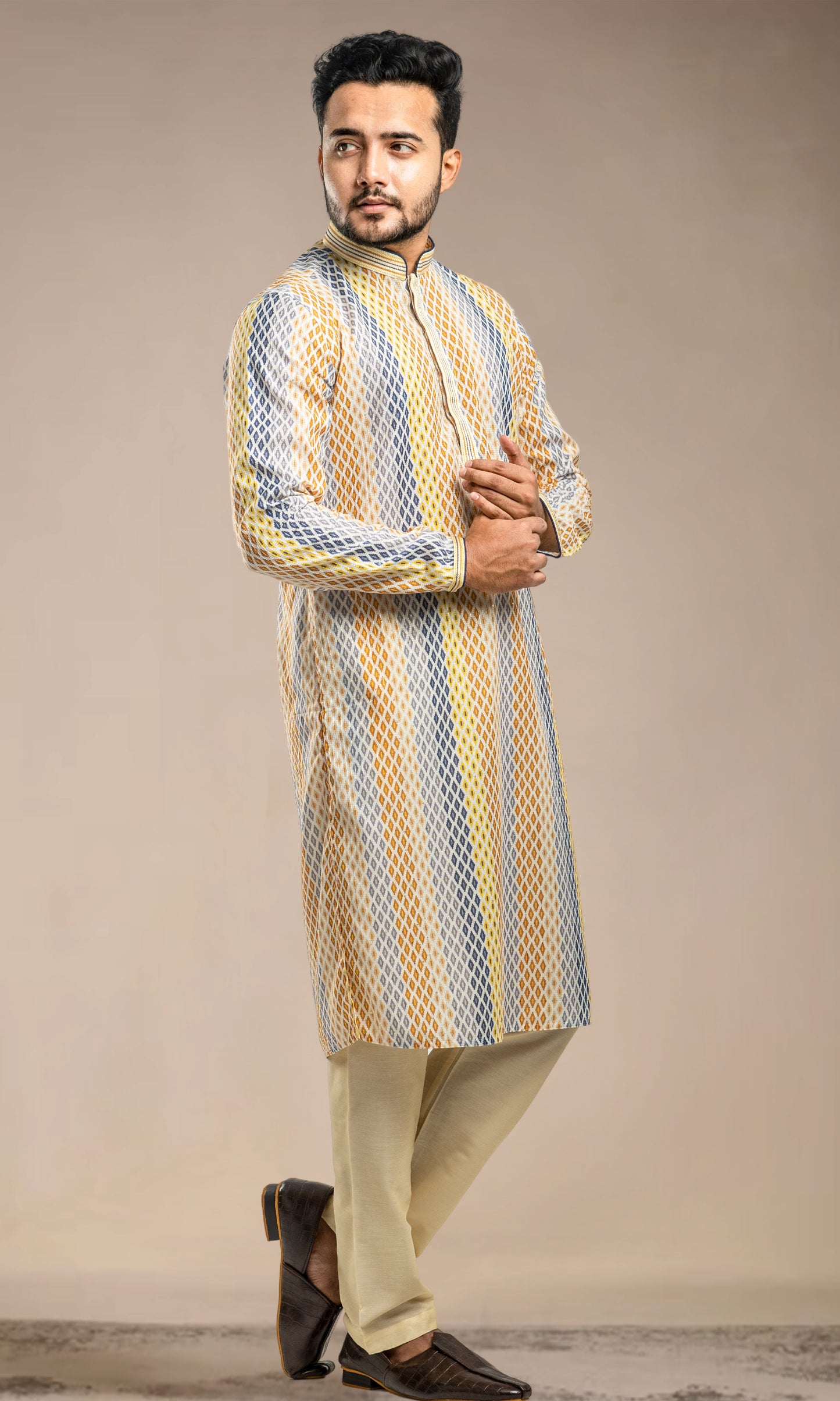 MULTI COLOURED HARLEQUIN PRINT KURTA WITH SEQUINED THREADWORK