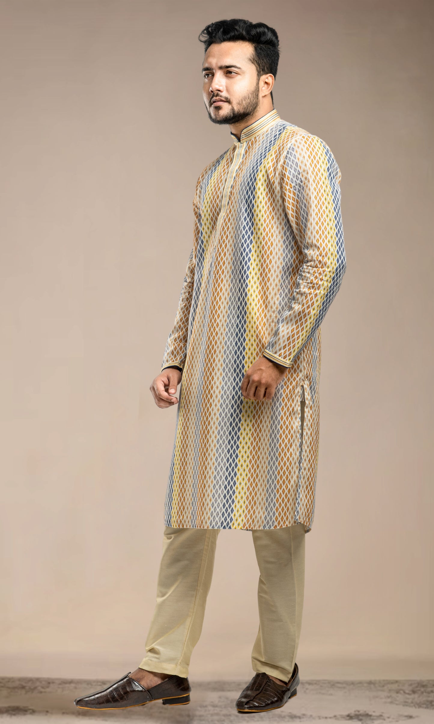 MULTI COLOURED HARLEQUIN PRINT KURTA WITH SEQUINED THREADWORK