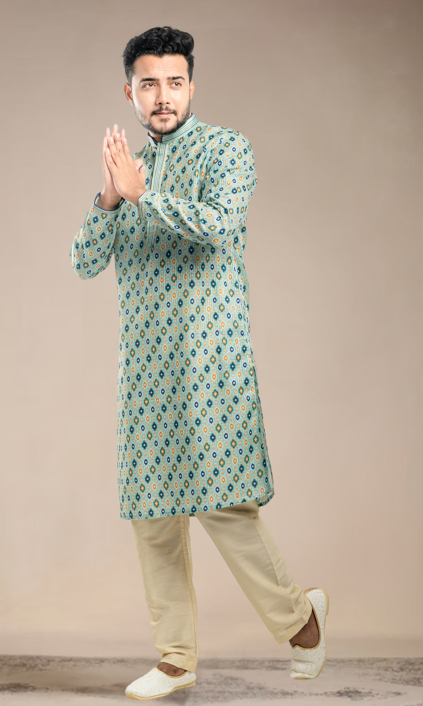 AQUA BLUE IKKAT PRINT KURTA WITH SEQUINED THREAD WORK