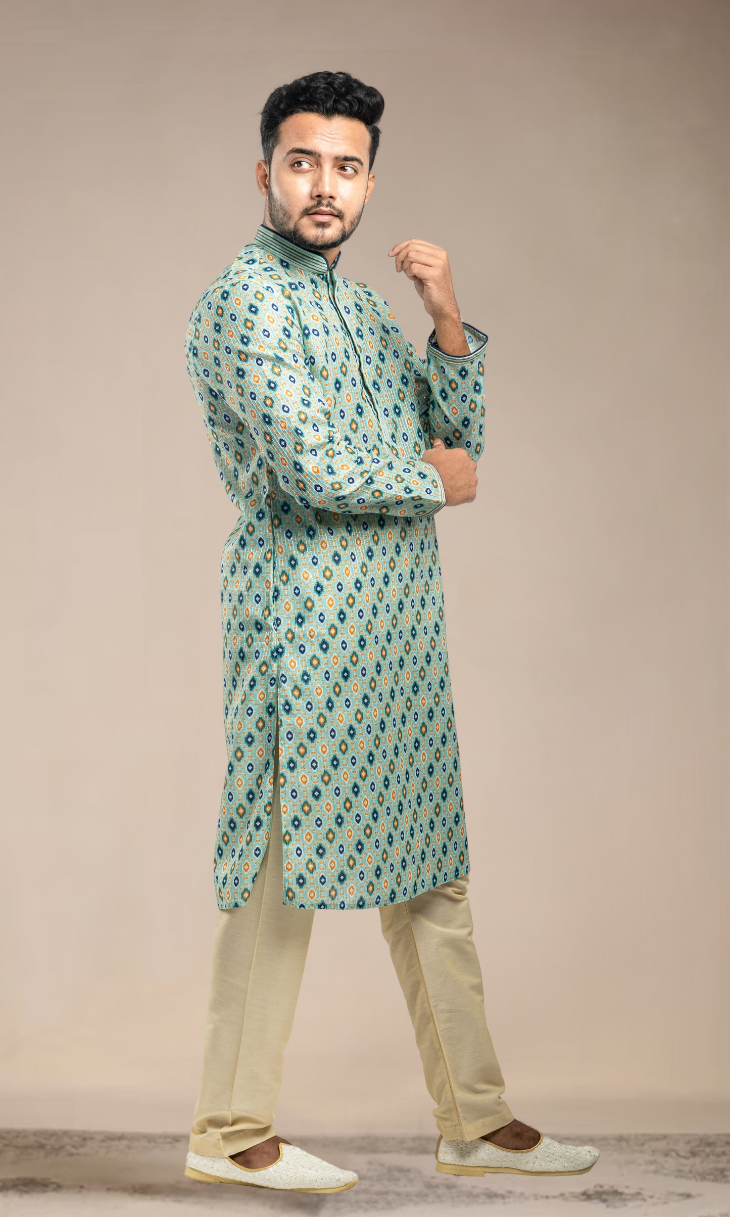 AQUA BLUE IKKAT PRINT KURTA WITH SEQUINED THREAD WORK