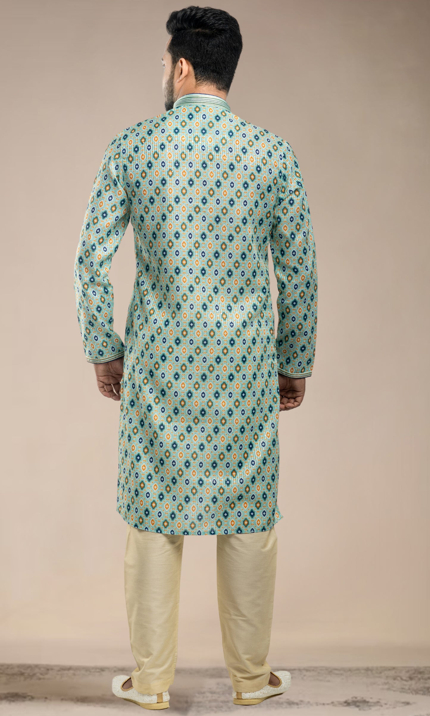 AQUA BLUE IKKAT PRINT KURTA WITH SEQUINED THREAD WORK