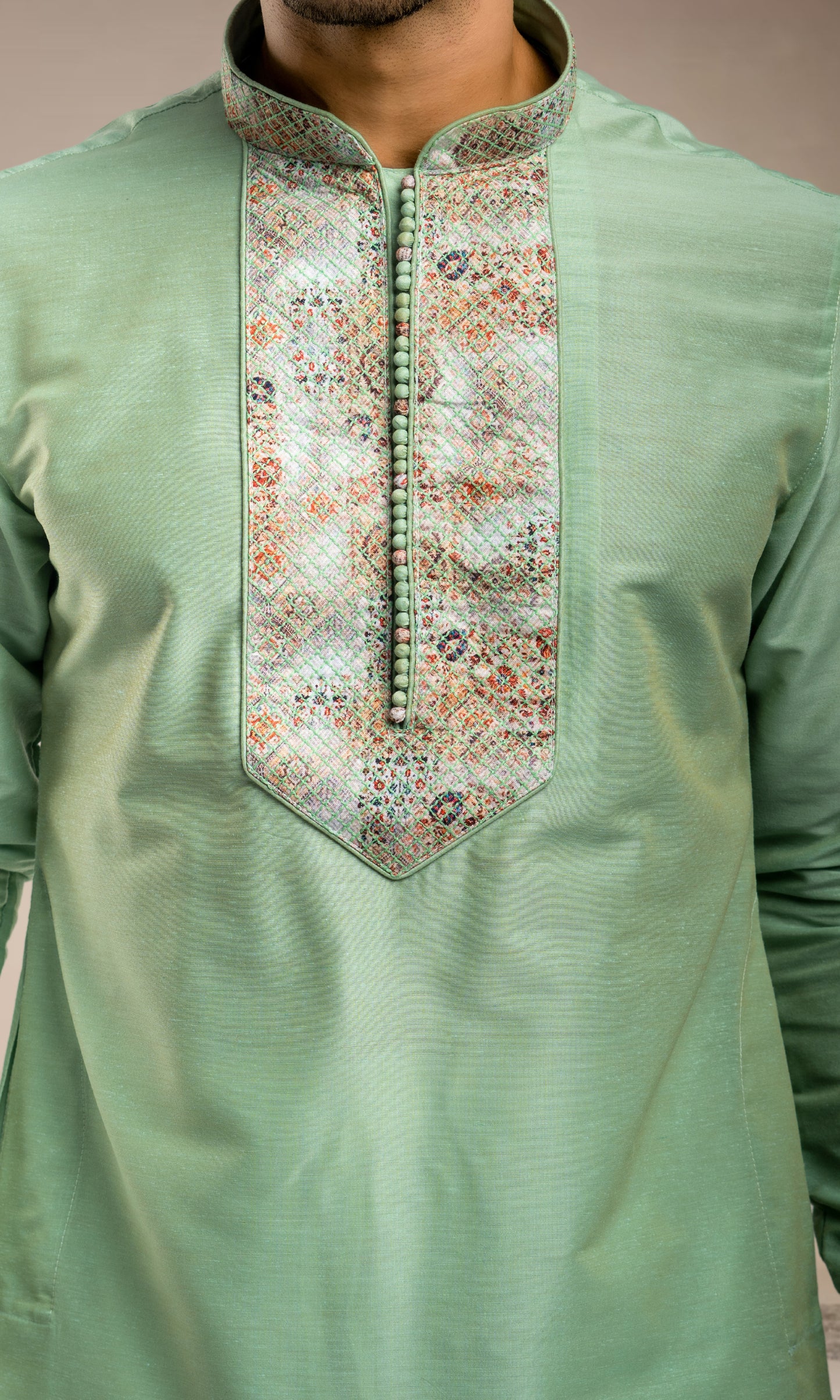 PISTA THREADWORK KURTA WITH POTLI BUTTONS & PRINTED CUFF SLEEVES