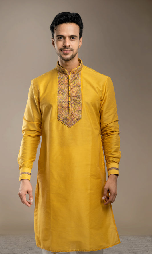 HALDI YELLOW THREADWORK KURTA WITH POTLI BUTTONS & PRINTED CUFF SLEEVES