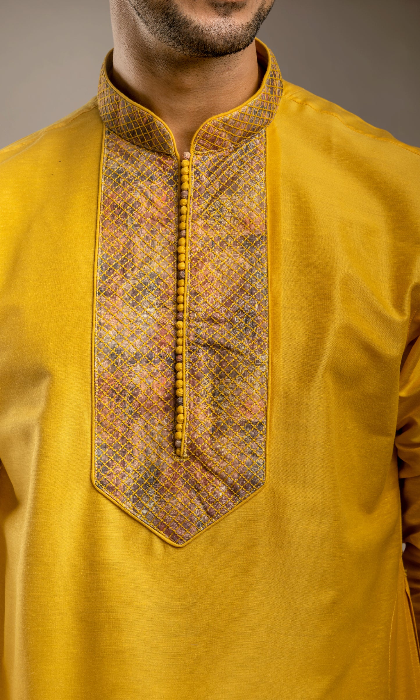 HALDI YELLOW THREADWORK KURTA WITH POTLI BUTTONS & PRINTED CUFF SLEEVES