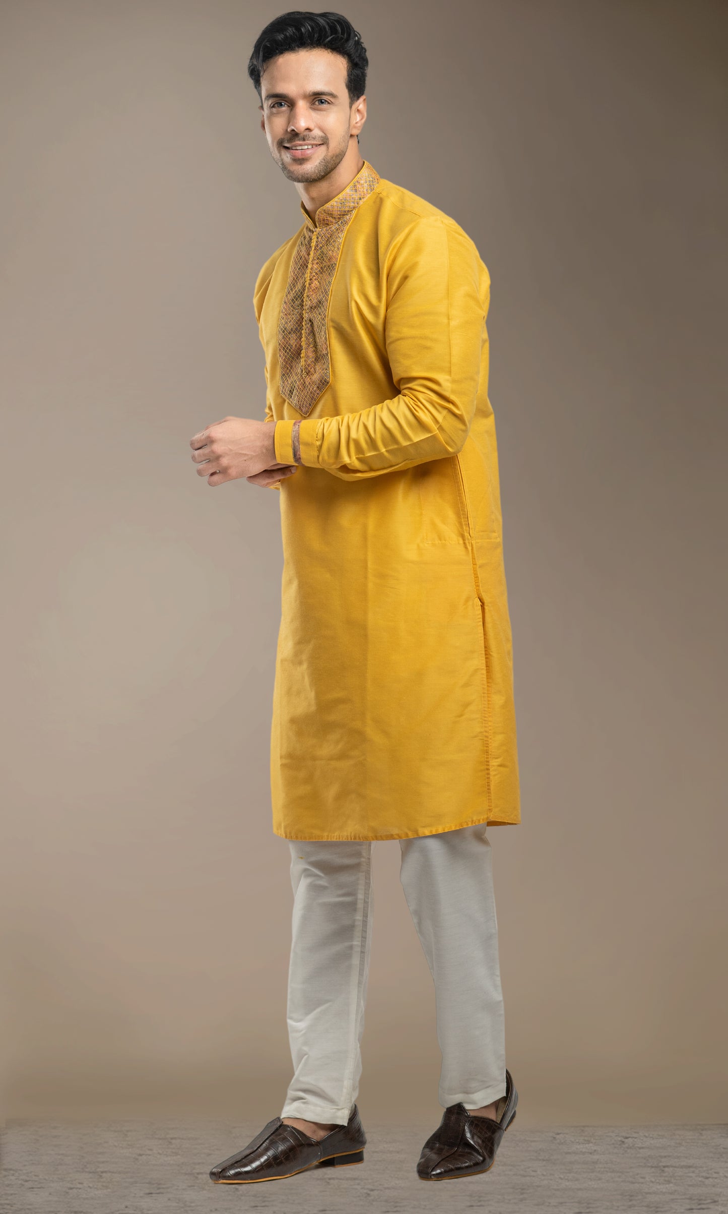 HALDI YELLOW THREADWORK KURTA WITH POTLI BUTTONS & PRINTED CUFF SLEEVES