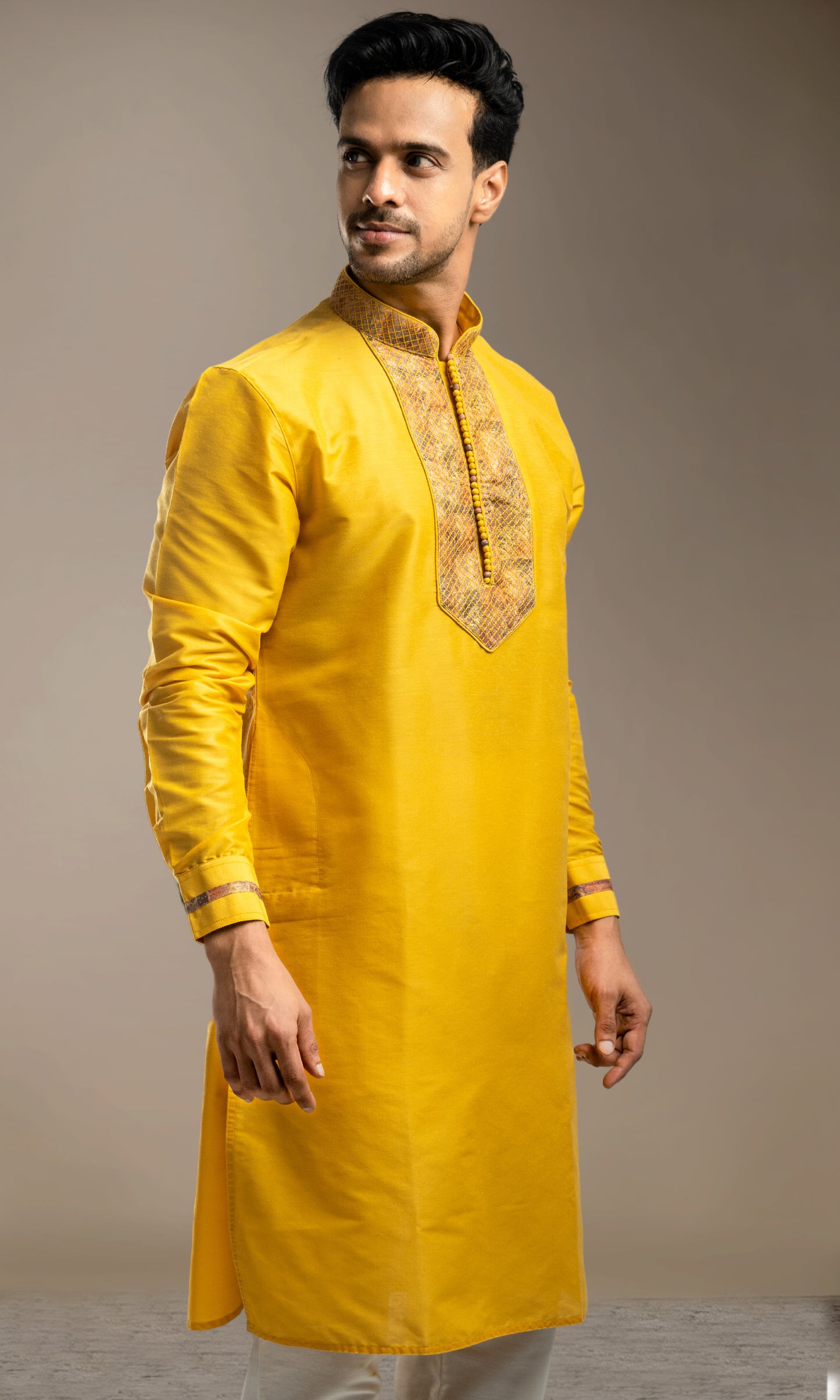 HALDI YELLOW THREADWORK KURTA WITH POTLI BUTTONS & PRINTED CUFF SLEEVES