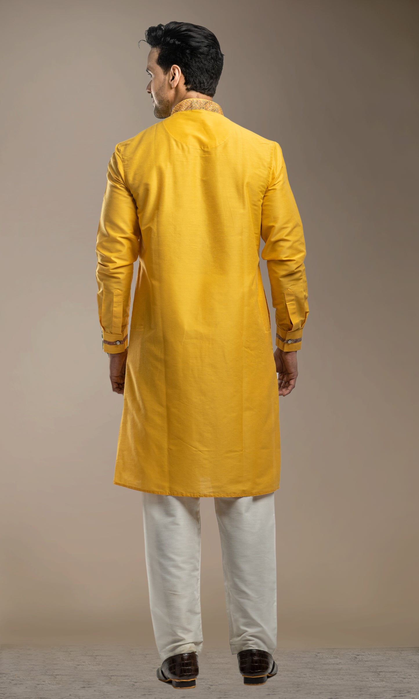 HALDI YELLOW THREADWORK KURTA WITH POTLI BUTTONS & PRINTED CUFF SLEEVES