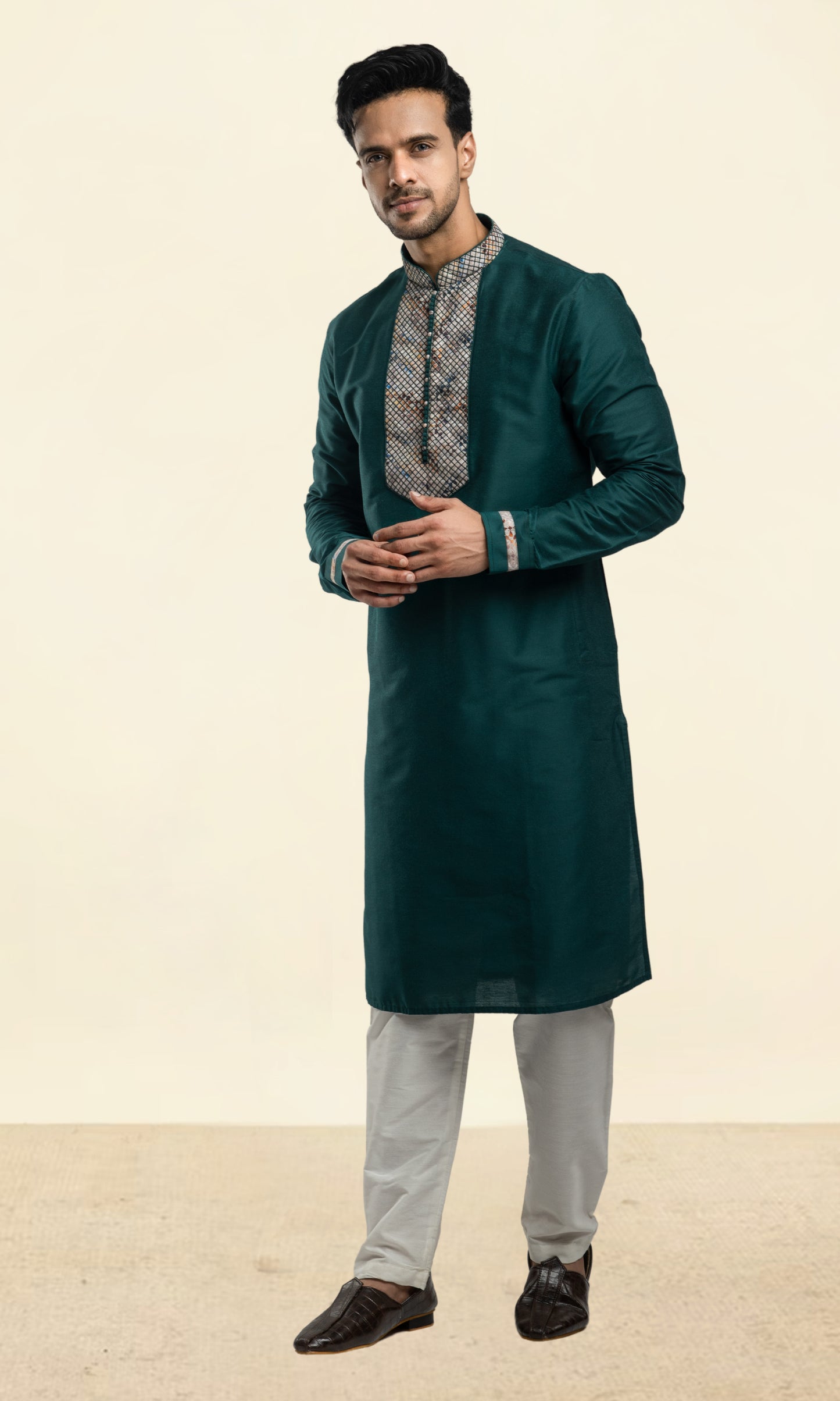 RAMA GREEN THREADWORK KURTA WITH POTLI BUTTONS & PRINTED CUFF SLEEVES